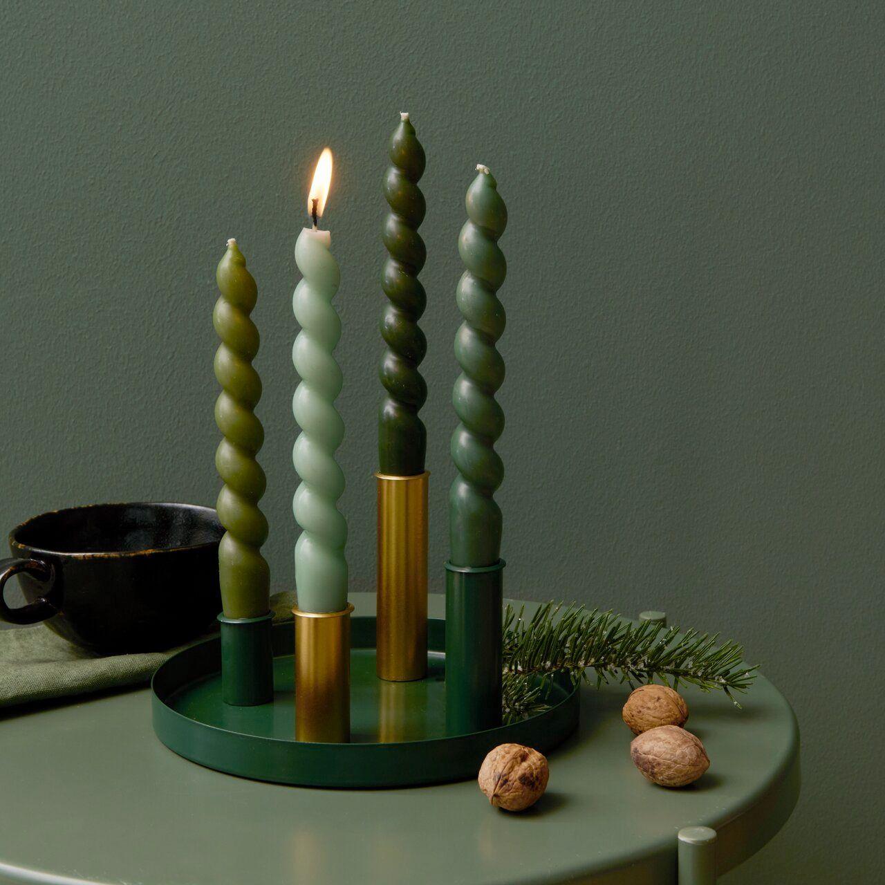 Beispielinhalt (Bild) Metalltablett mit 4 Kerzenhaltern, Grün-Gold
