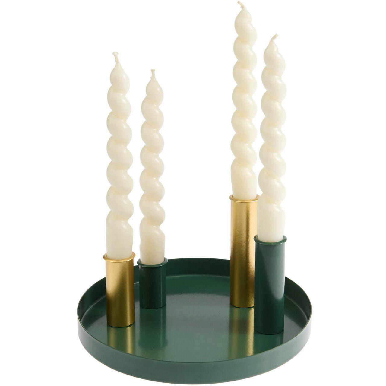 Beispielinhalt (Bild) Metalltablett mit 4 Kerzenhaltern, Grün-Gold
