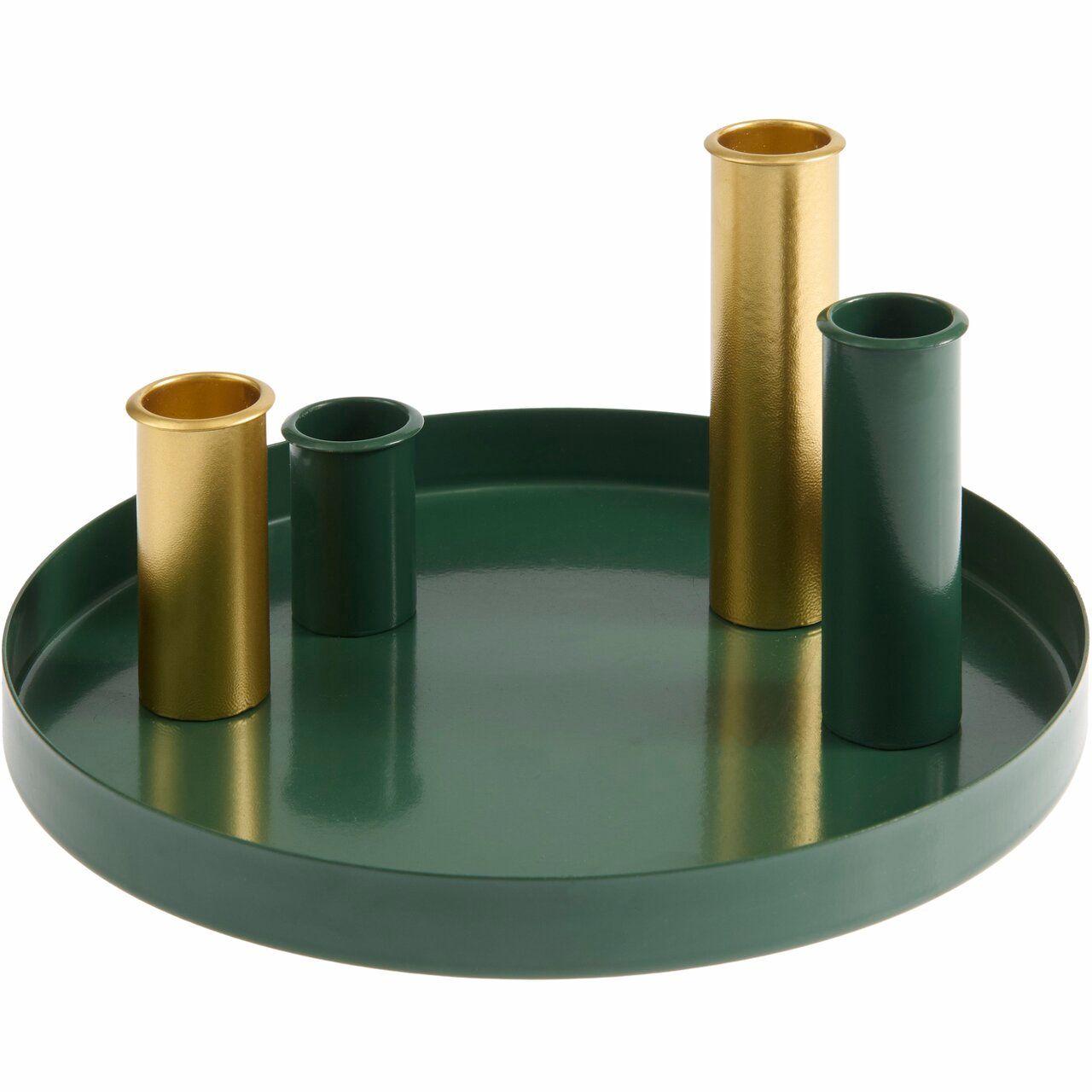 Beispielinhalt (Bild) Metalltablett mit 4 Kerzenhaltern, Grün-Gold