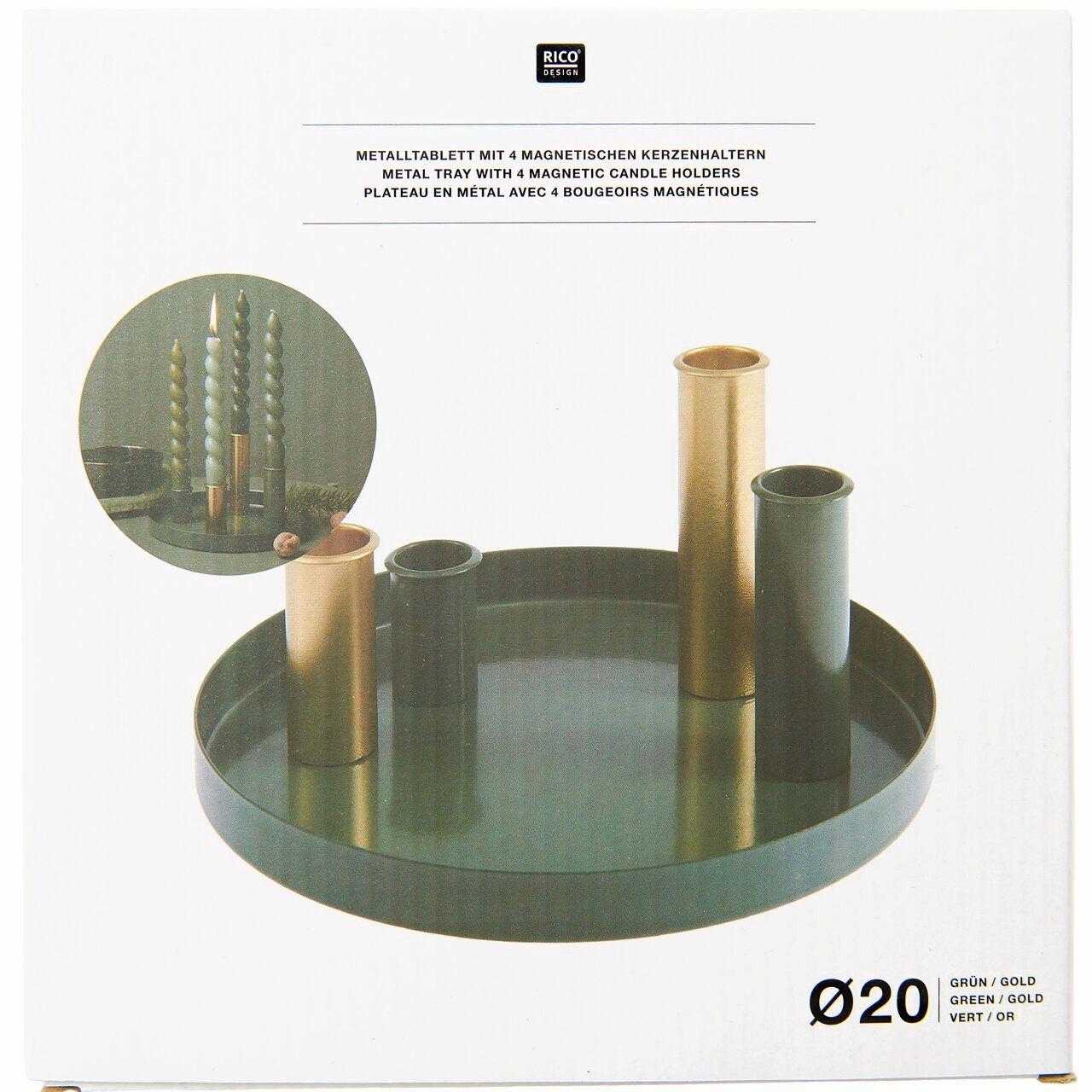 Beispielinhalt (Bild) Metalltablett mit 4 Kerzenhaltern, Grün-Gold
