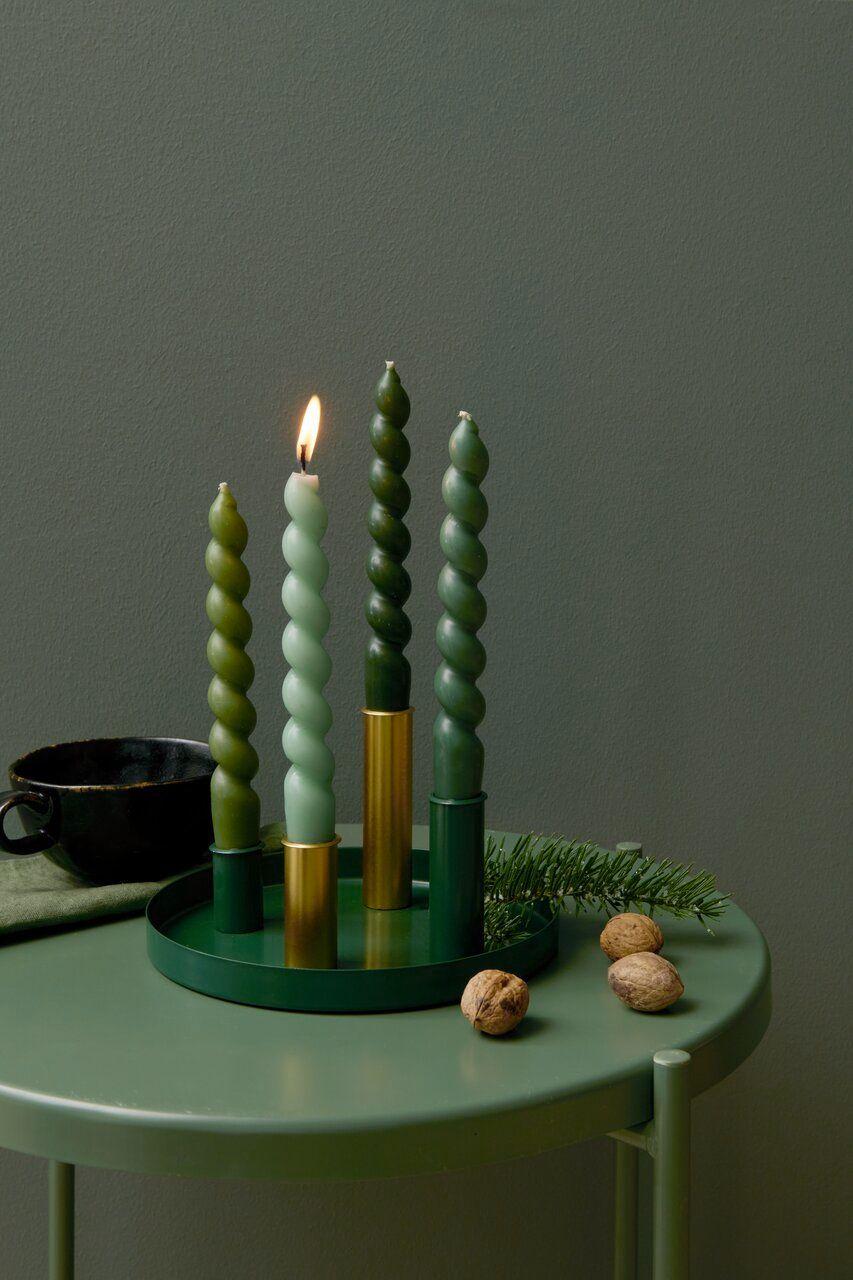 Beispielinhalt (Bild) Metalltablett mit 4 Kerzenhaltern, Grün-Gold