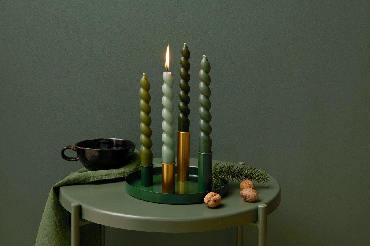 Vorderes Coverbild Metalltablett mit 4 Kerzenhaltern, Grün-Gold
