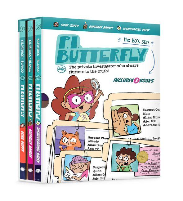 Vorderes Coverbild P.I. Butterfly Box Set (Gone Guppy, Birthday Bandit, Disappearing Daisy) for Curious Kids Ages 6-11, Interactive Kids Mystery Early Graphic Novel Gift Box Set