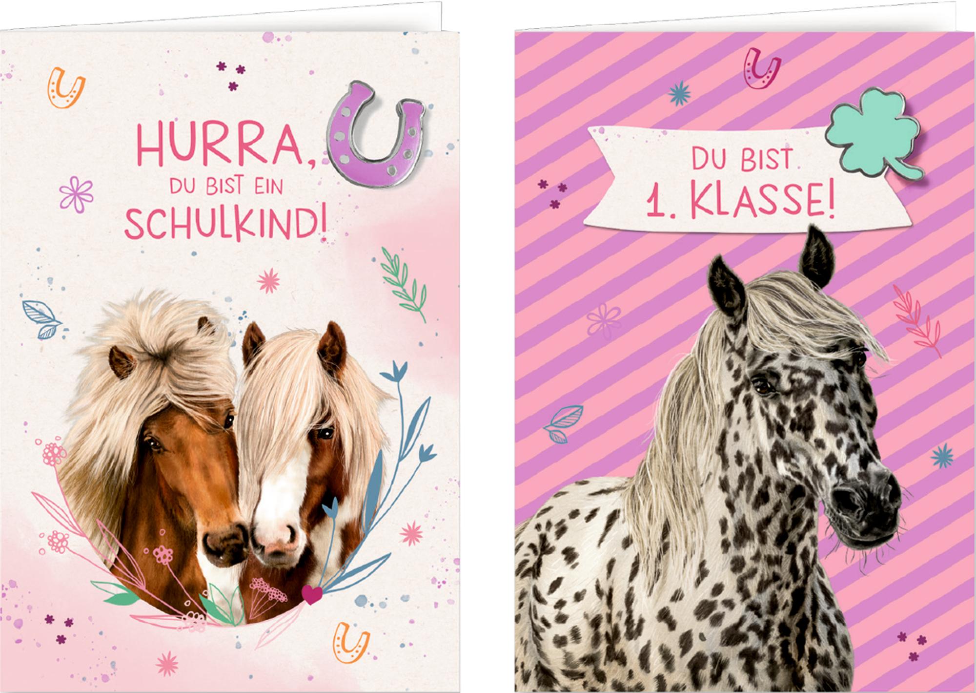 Vorderes Coverbild Grußkarte mit Wegbegleiter-Pin - Du bist 1. Klasse! / Hurra, du bist ein Schulkind!