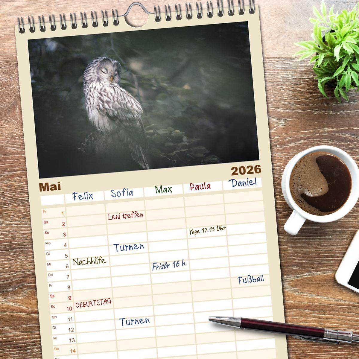 Beispielinhalt (Bild) Familienplaner 2026 - Eulen - schön und geheimnisvoll mit 5 Spalten (Wandkalender, 21 x 45 cm) CALVENDO