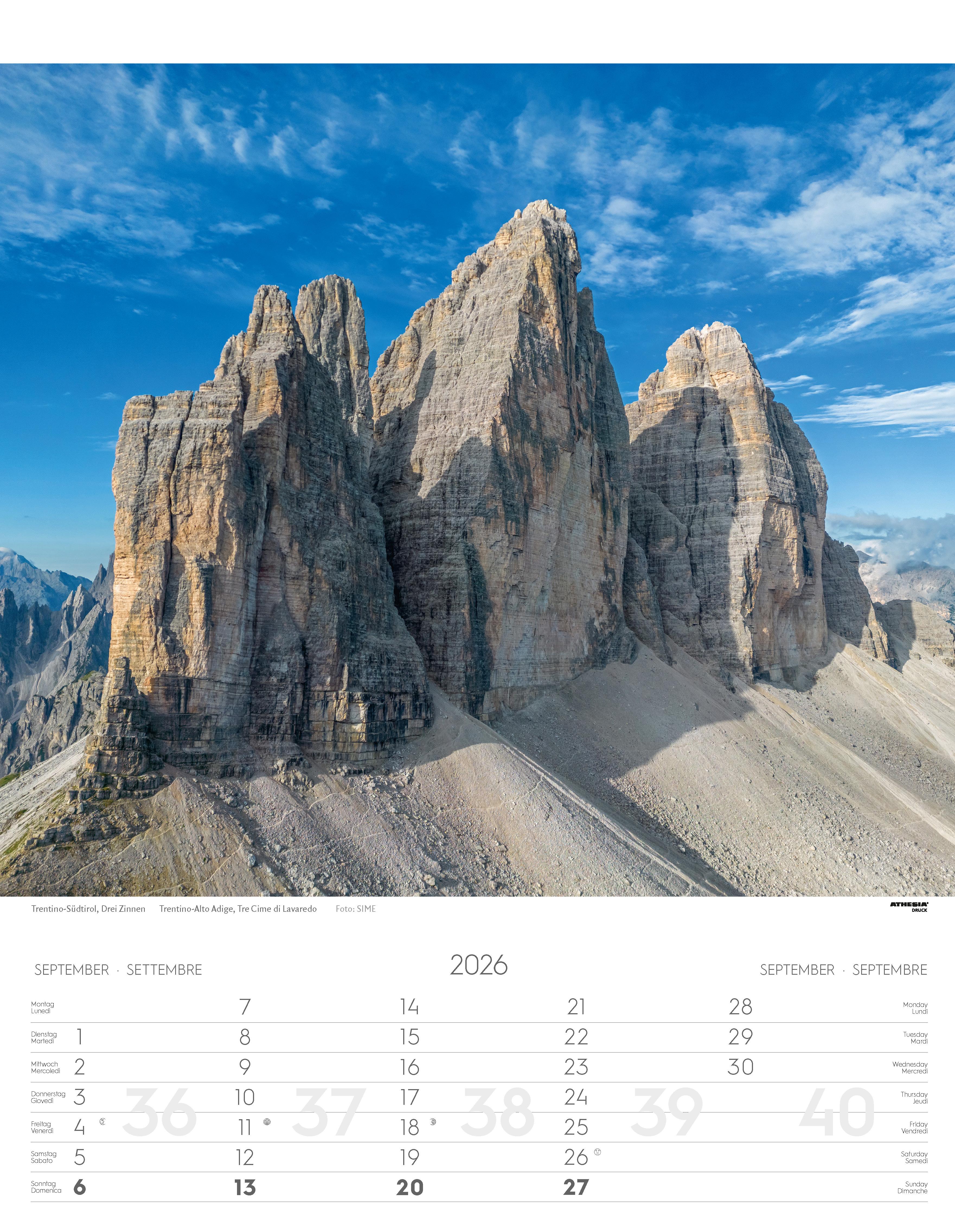Beispielinhalt (Bild) Weltnaturerbe Dolomiten Kalender 2026