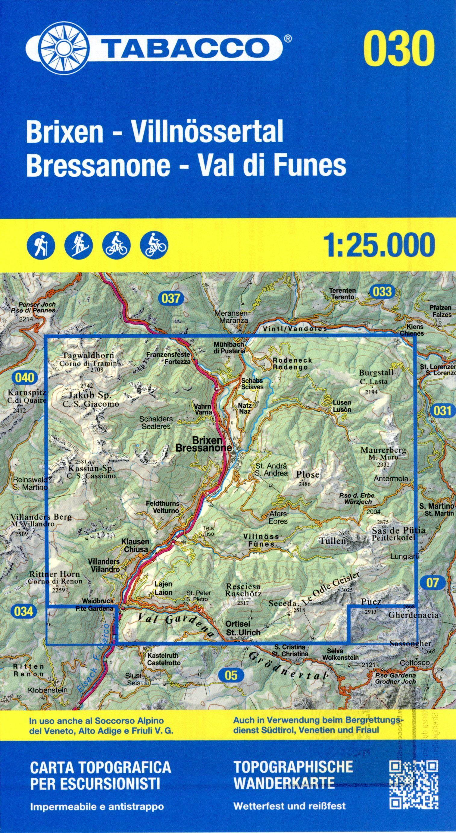 Vorderes Coverbild Tabacco Wandern Brixen 1:25000