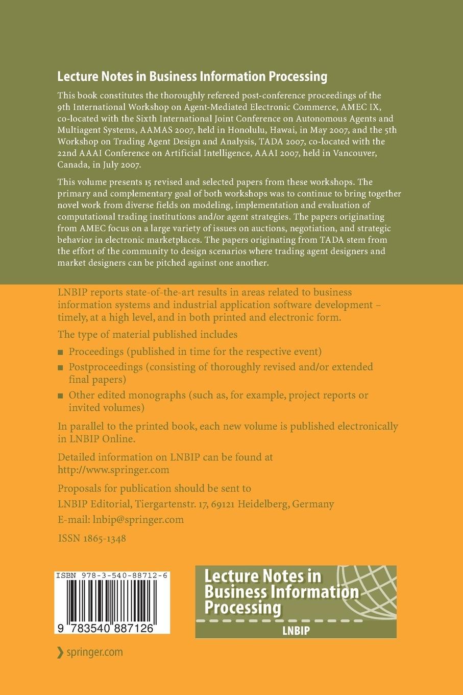 Rückseitencover Agent-Mediated Electronic Commerce and Trading Agent Design and Analysis