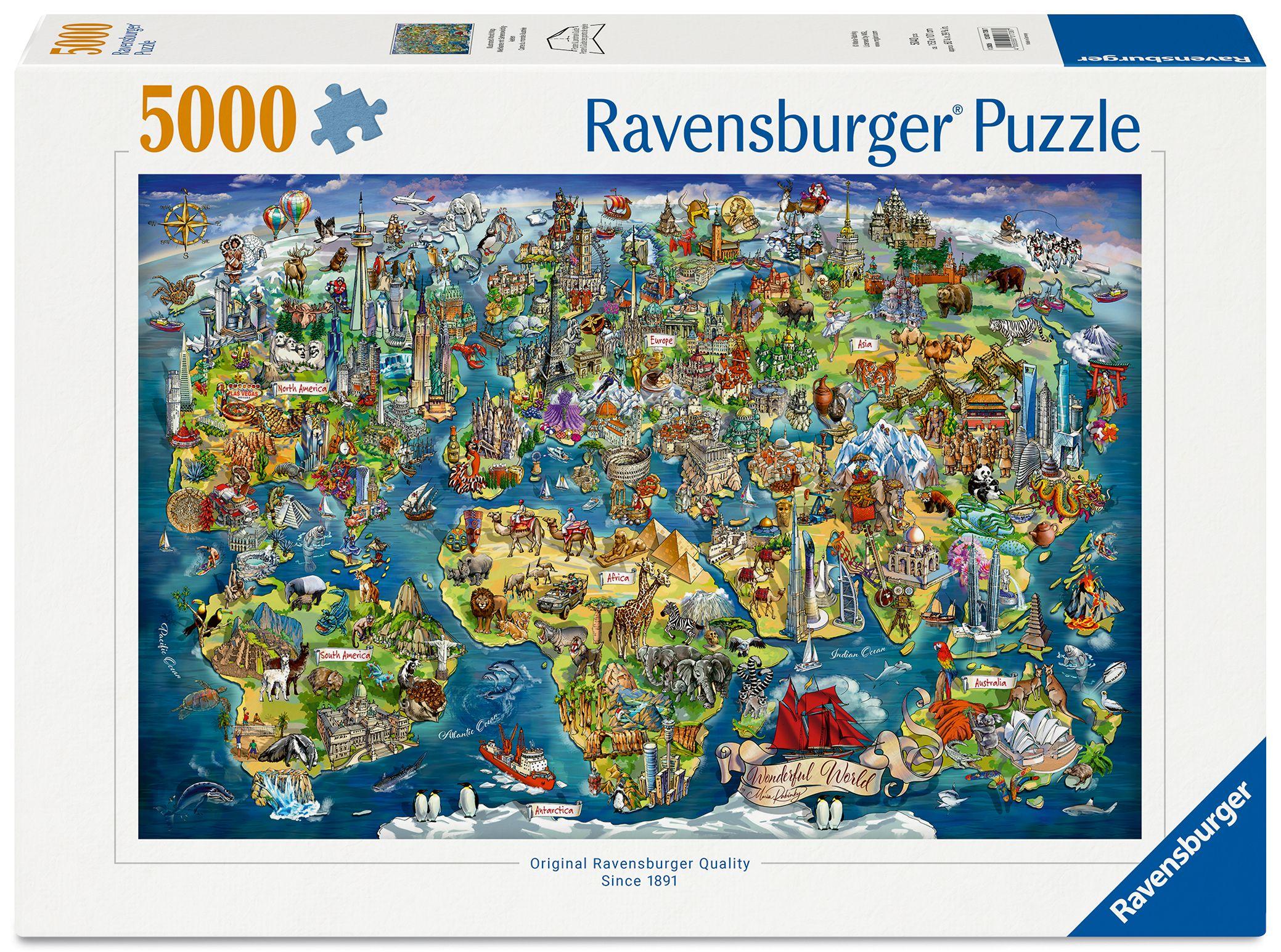 Vorderes Coverbild Erwachsenenpuzzle 5000 Teile - Weltkarte mit Sehenswürdigkeiten