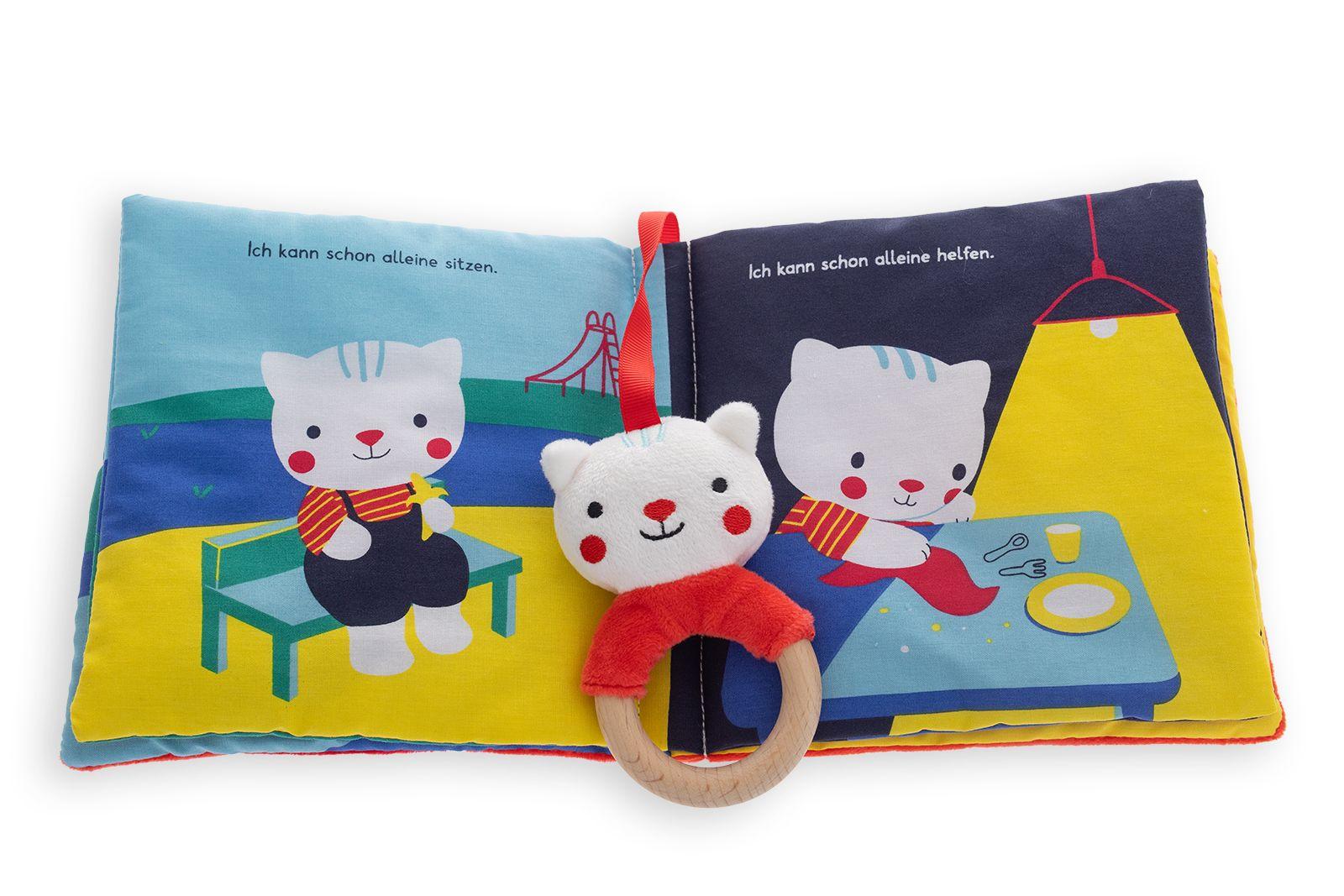 Beispielinhalt (Bild) Mein erstes Stoffbuch mit Rassel und Holzbeißring. Kätzchen