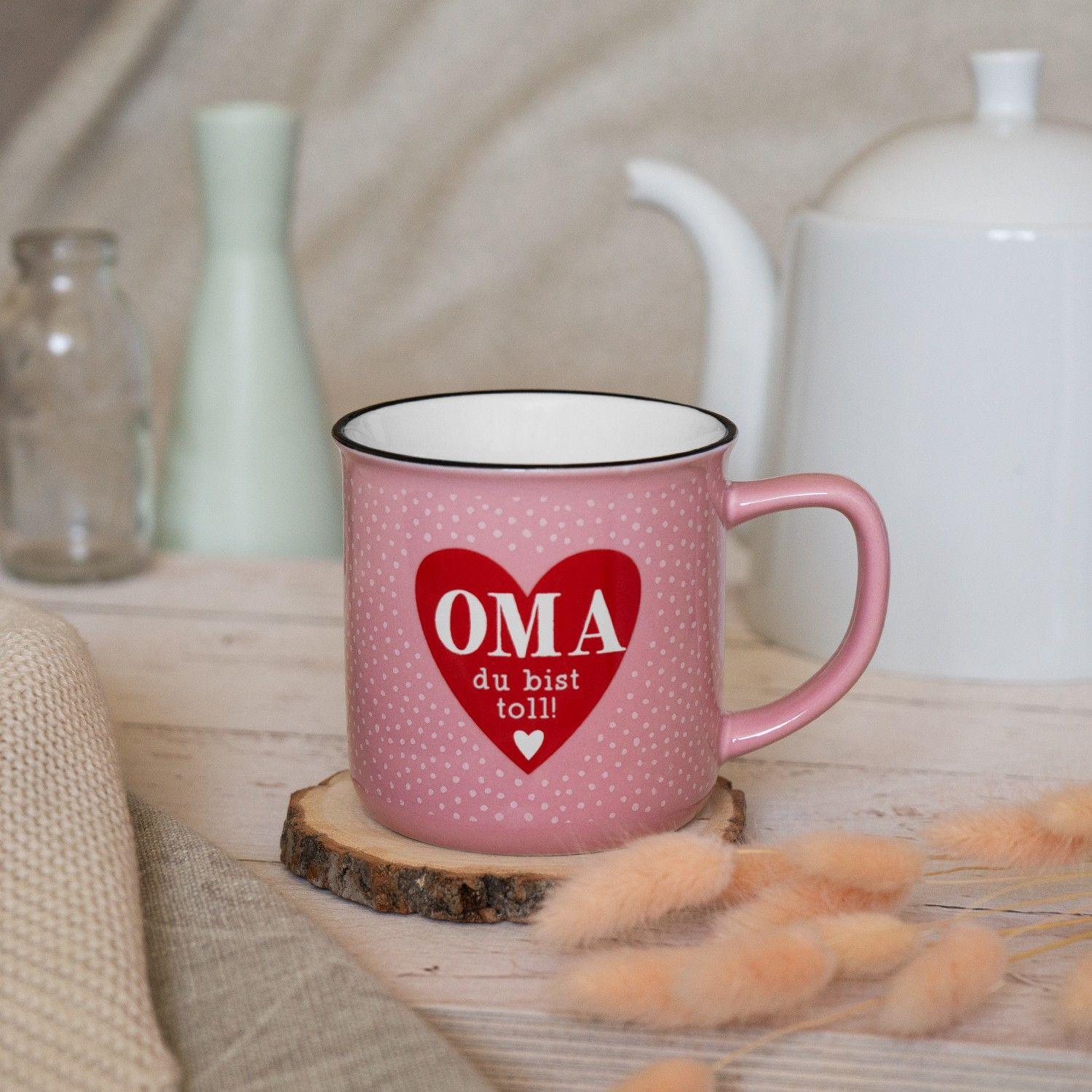 Beispielinhalt (Bild) Becher in Emailloptik "Oma du bist toll!"