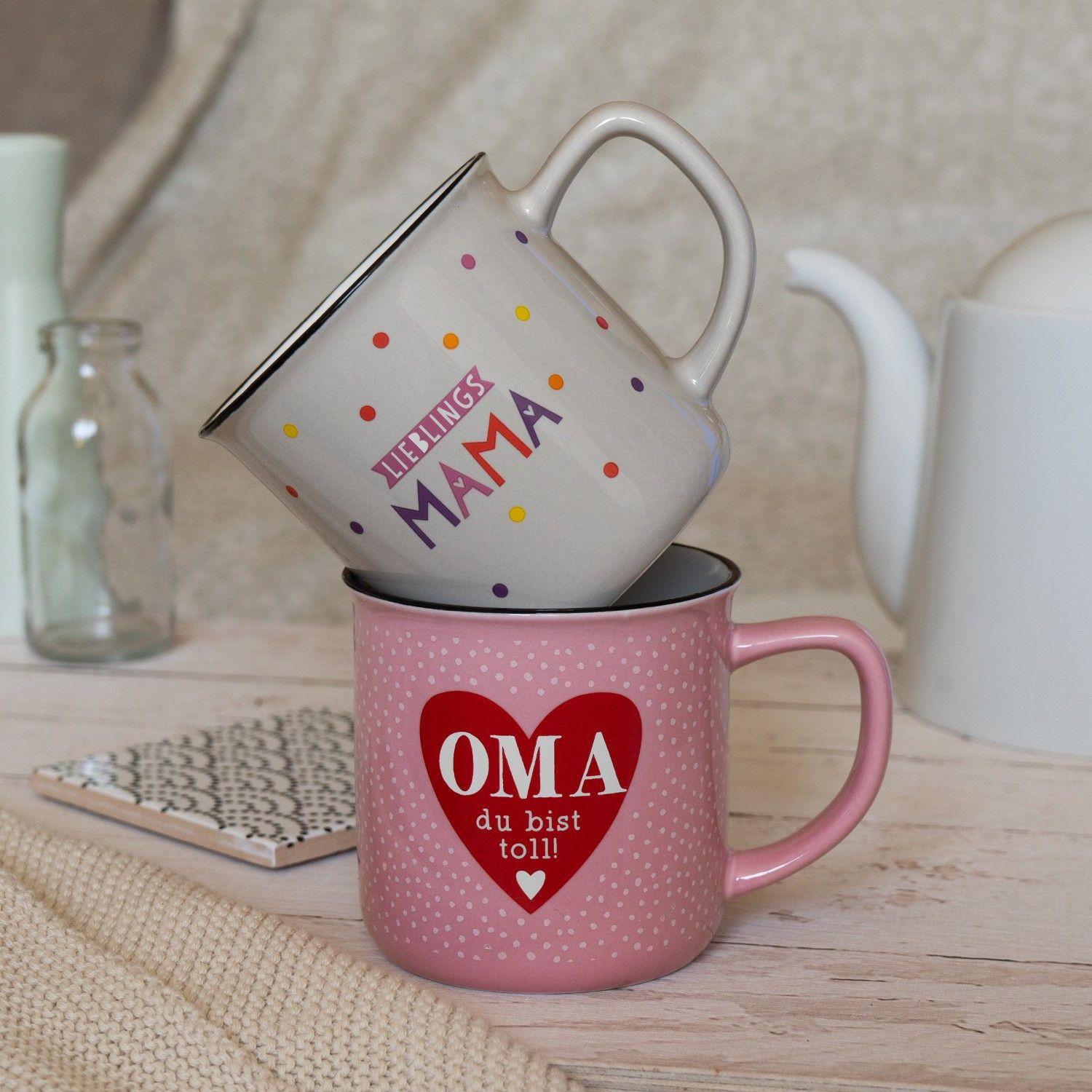 Beispielinhalt (Bild) Becher in Emailloptik "Oma du bist toll!"