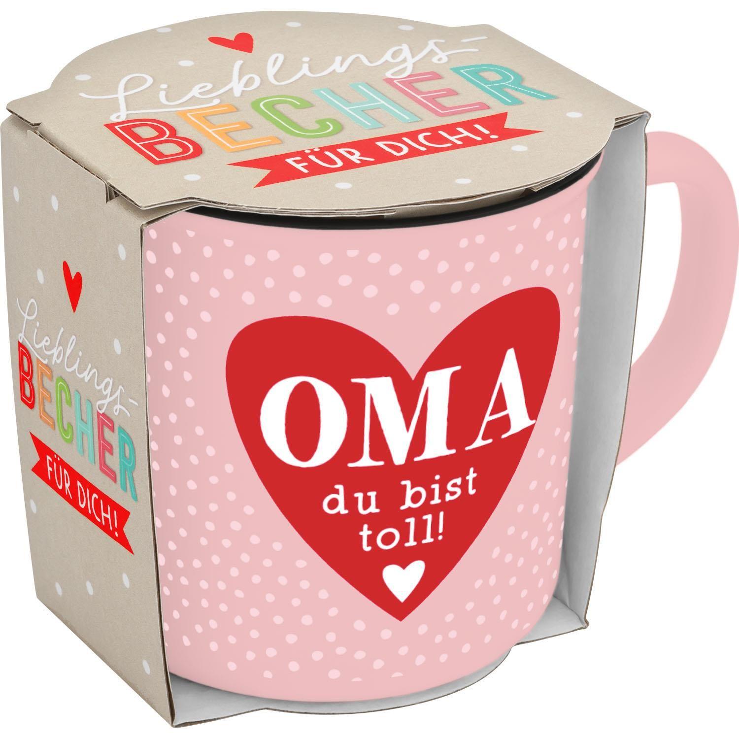 Beispielinhalt (Bild) Becher in Emailloptik "Oma du bist toll!"