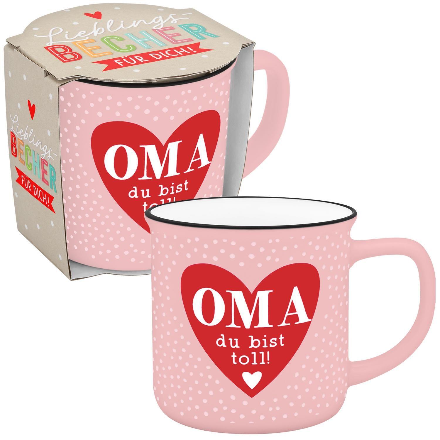 Vorderes Coverbild Becher in Emailloptik "Oma du bist toll!"