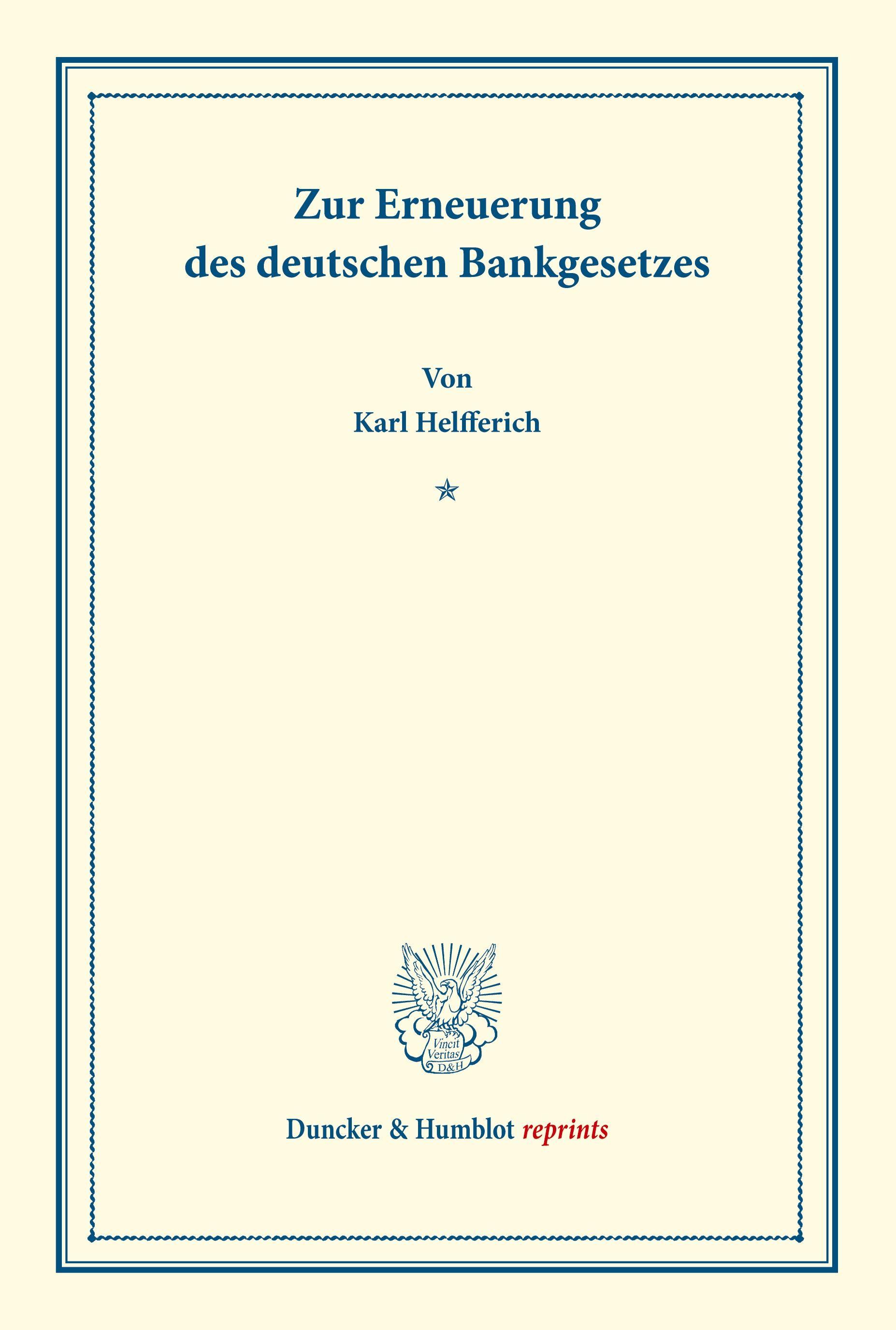Vorderes Coverbild Zur Erneuerung des deutschen Bankgesetzes.