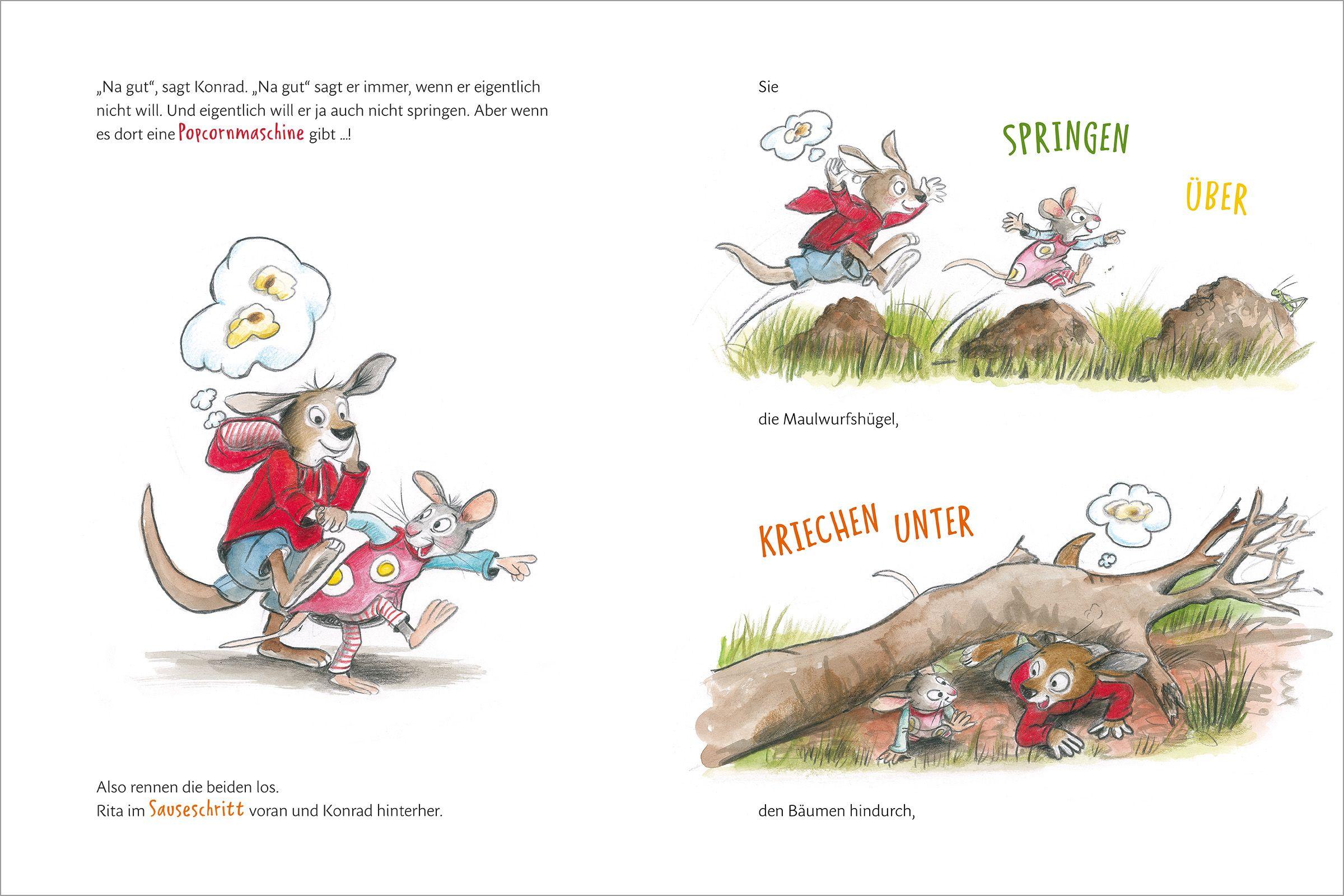 Beispielinhalt (Bild) Konrad Känguru und Rita Rennmaus. Konrad hüpft zum Hauptgewinn