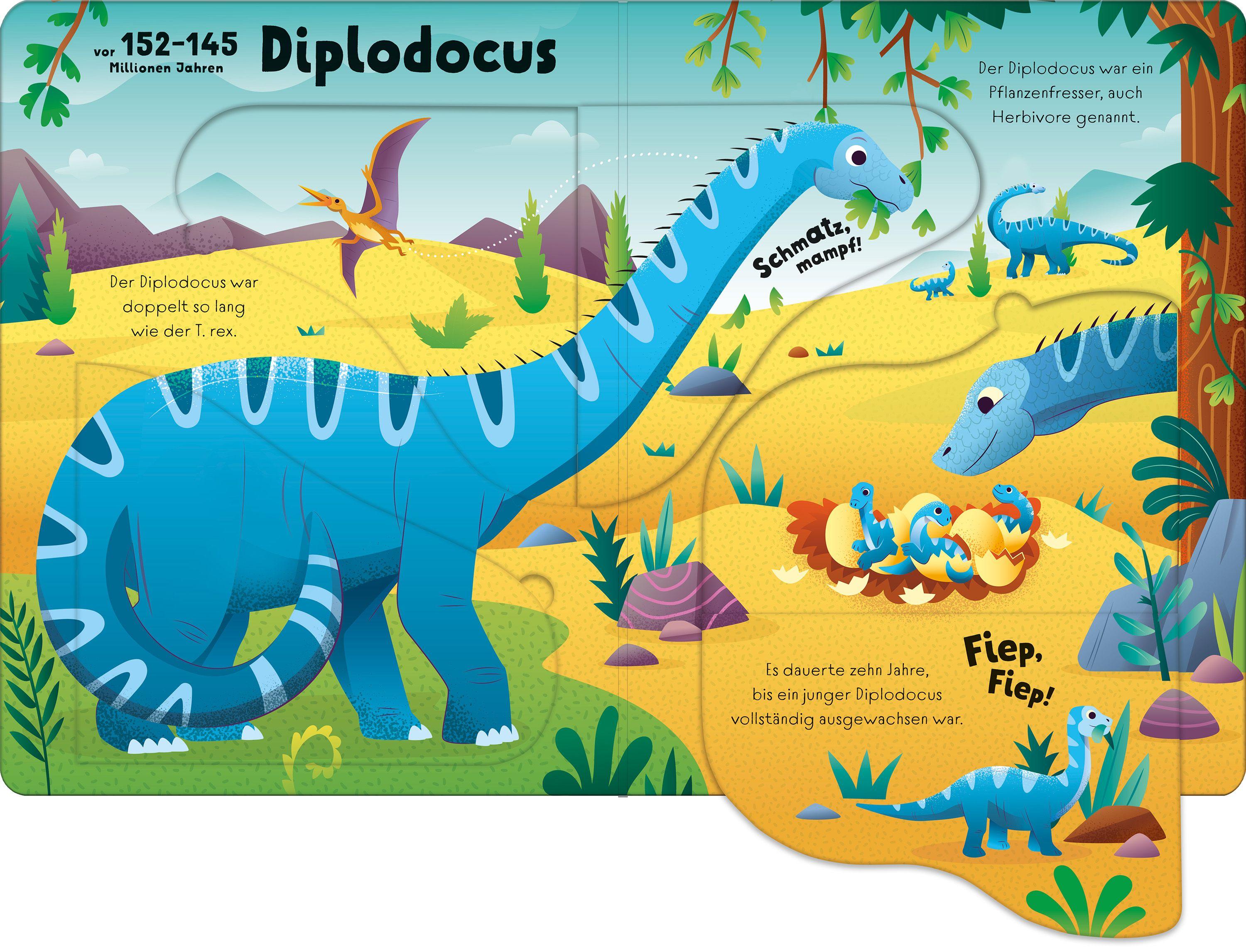 Beispielinhalt (Bild) Mein erstes Wissen zum Aufklappen: Groß, größer, Dinosaurier!