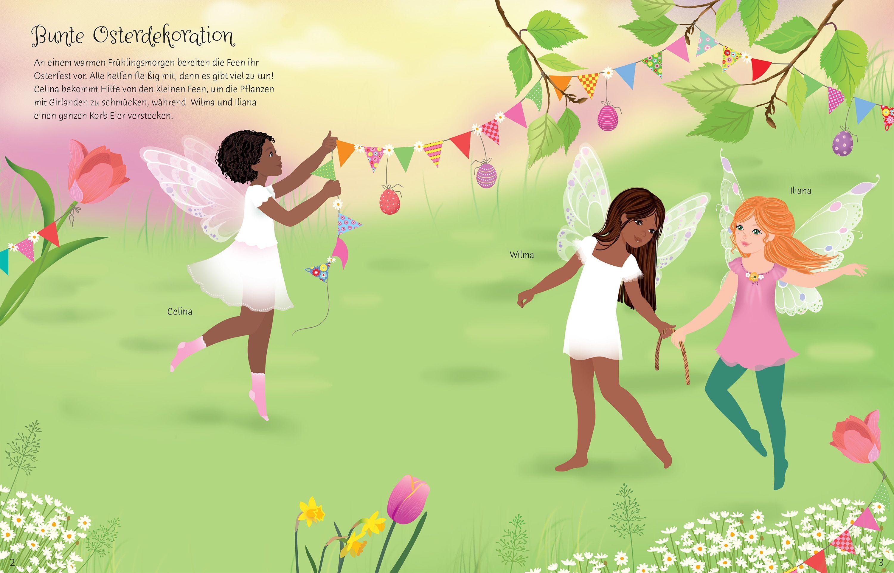 Beispielinhalt (Bild) Mein Anziehpuppen-Stickerbuch: Zauberhafte Osterfeen