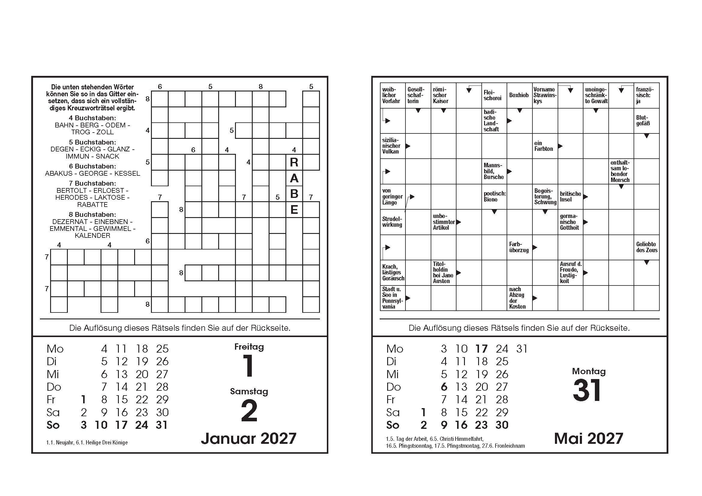 Beispielinhalt (Bild) Rätselkalender 2027