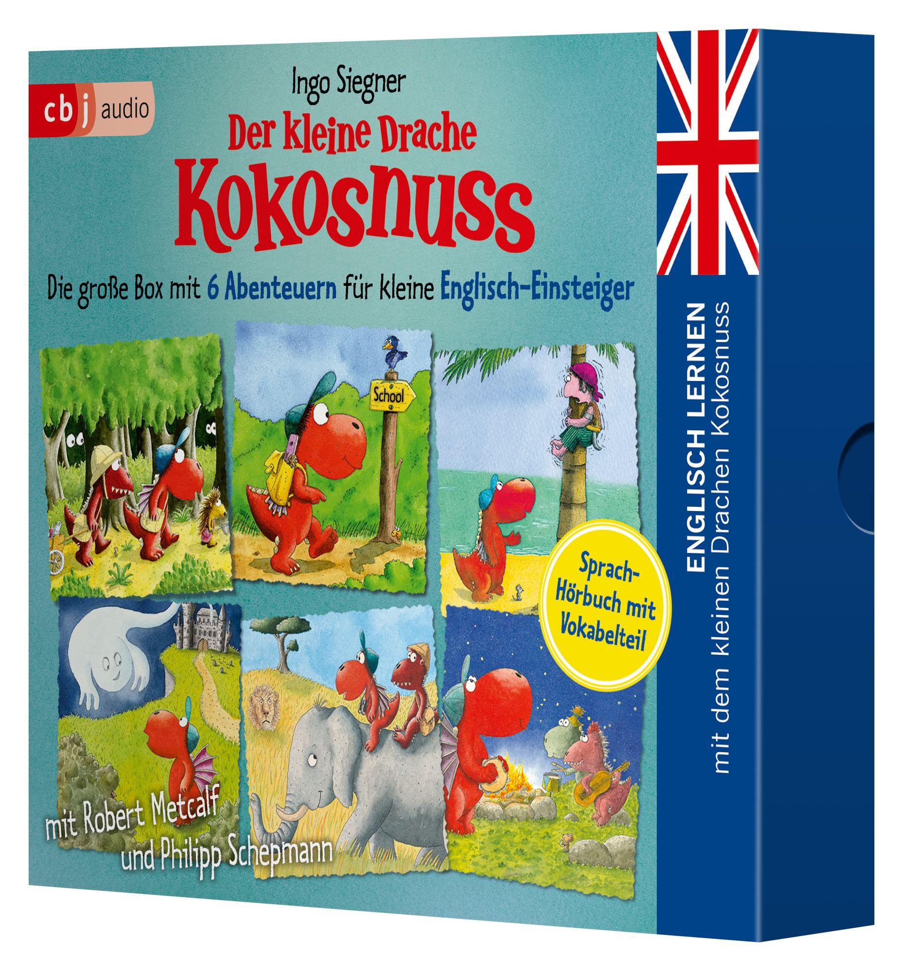 Vorderes Coverbild Englisch lernen mit dem kleinen Drachen Kokosnuss - Die große Box mit 6 Abenteuern für kleine Englisch-Einsteiger