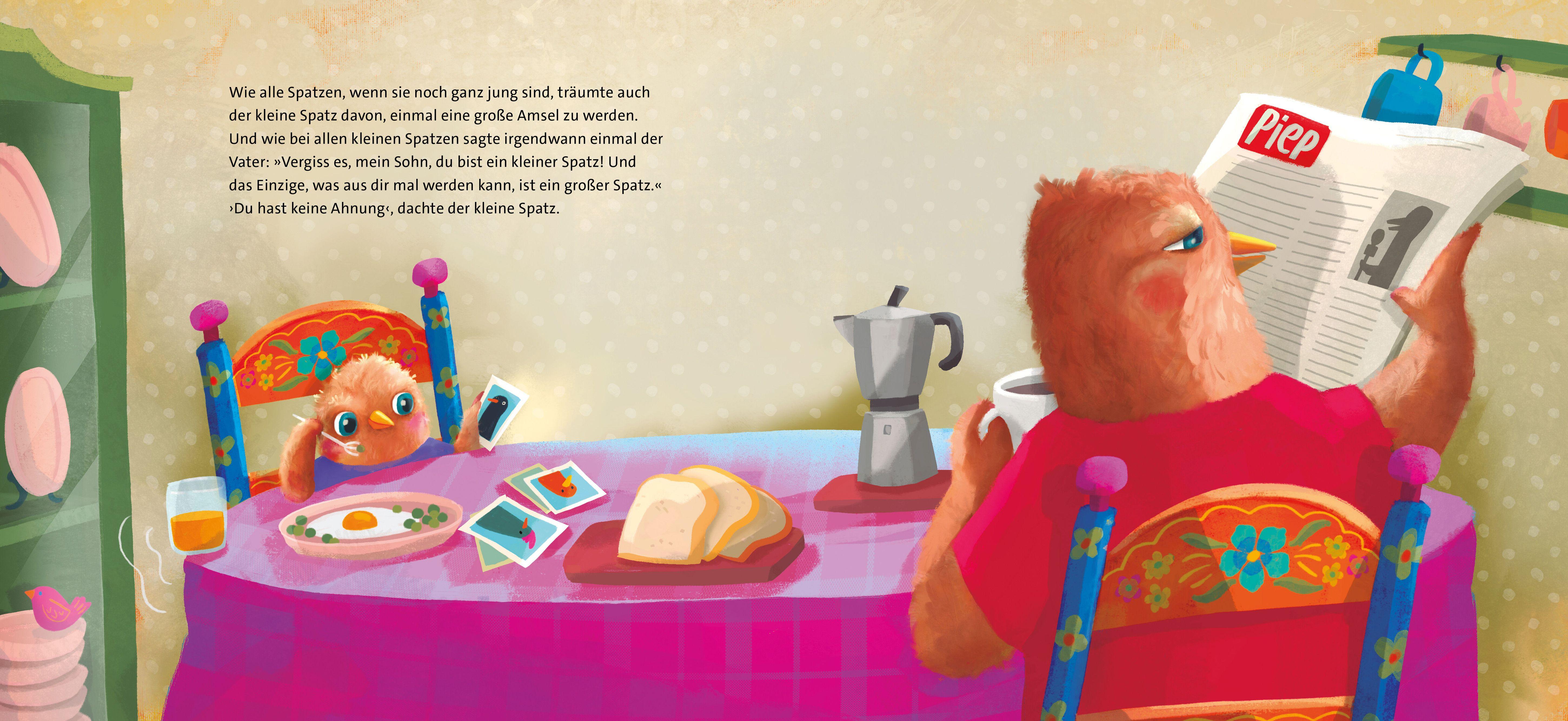 Beispielinhalt (Bild) Vom kleinen Spatz, der eine große Amsel werden wollte