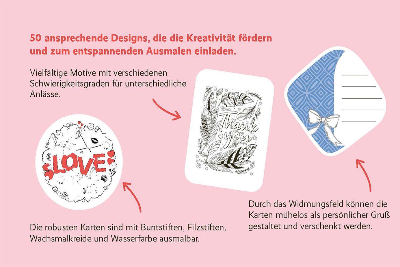 Beispielinhalt (Bild) 50 cozy Karten zum Ausmalen - Liebe Grüße
