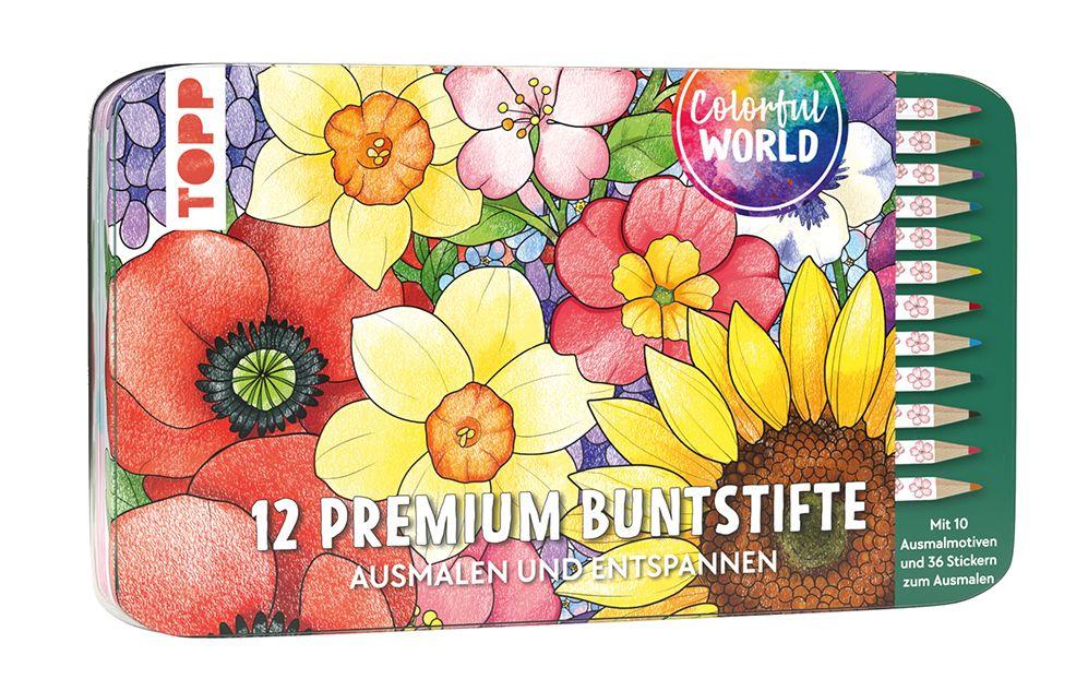 Vorderes Coverbild Colorful World Designdose mit 12 Buntstiften