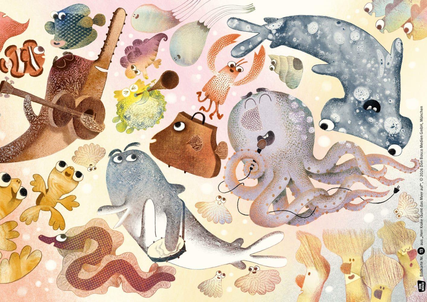 Beispielinhalt (Bild) Herr Krake räumt das Meer auf. Kamishibai Bildkartenset