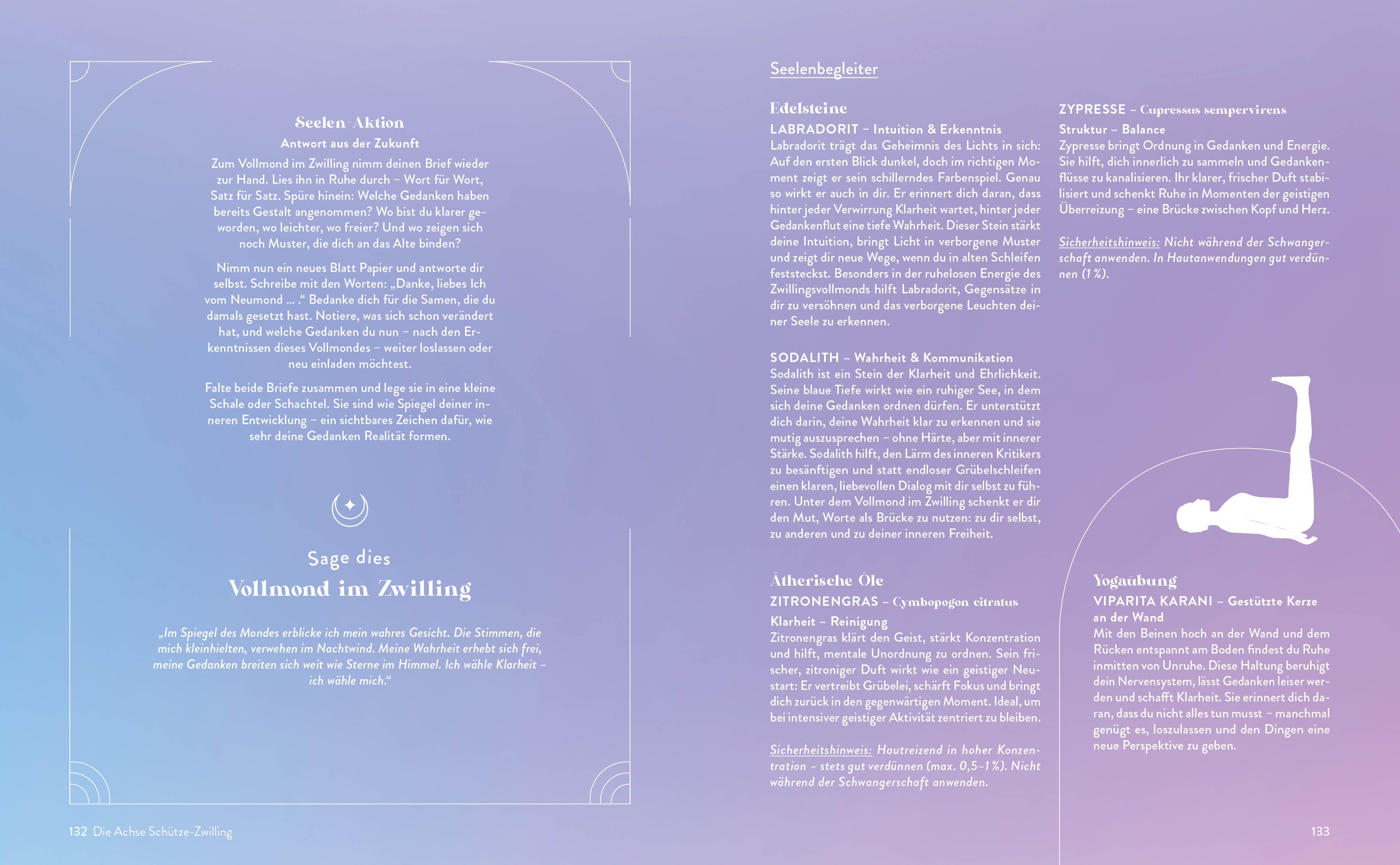 Beispielinhalt (Bild) Mond-Rituale - Aktiviere die Energie der Tierkreiszeichen | Dein Jahresbegleiter mit Orakellegungen, Yoga-Übungen & Mantras für deine Meditationspraxis