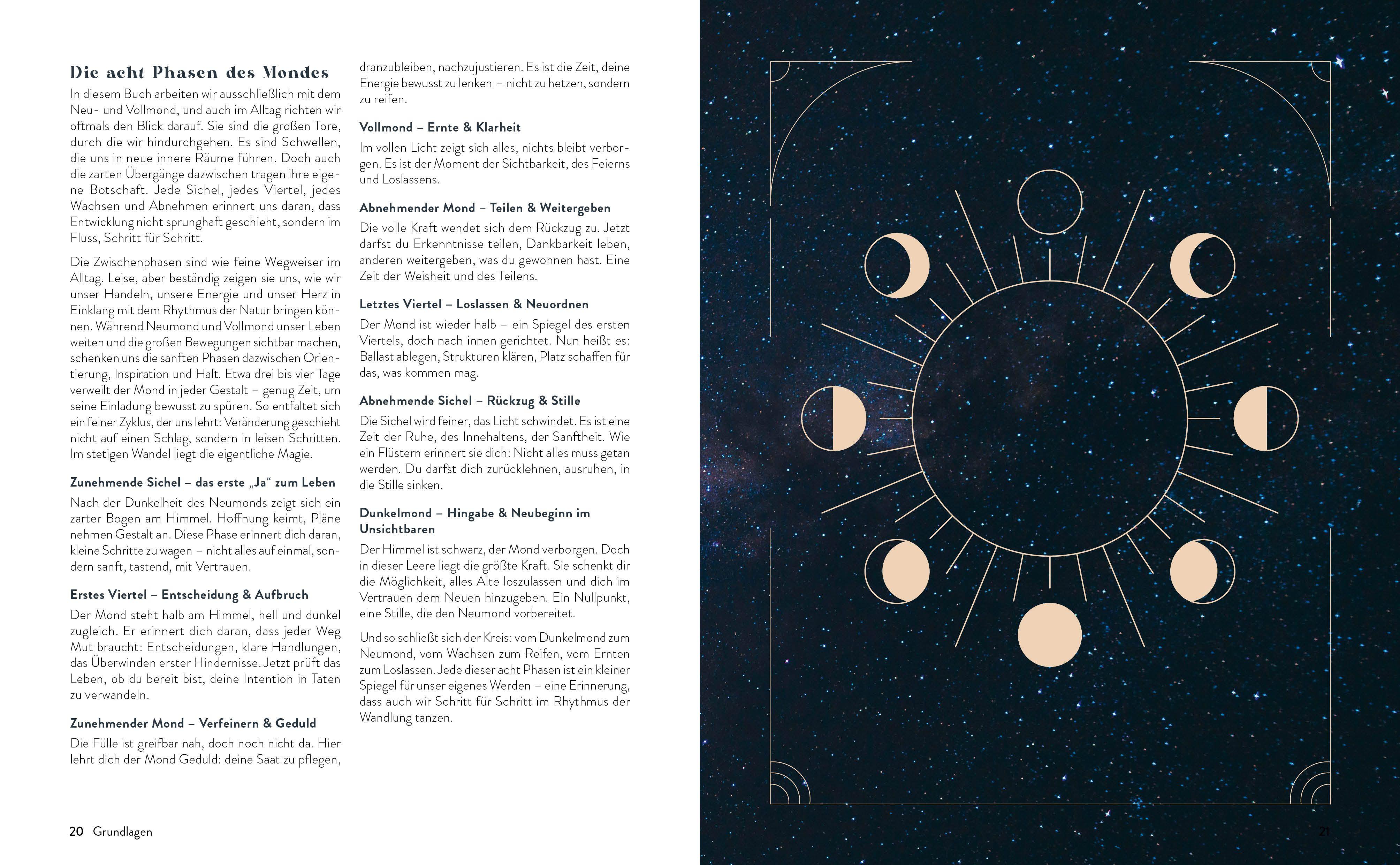 Beispielinhalt (Bild) Mond-Rituale - Aktiviere die Energie der Tierkreiszeichen | Dein Jahresbegleiter mit Orakellegungen, Yoga-Übungen & Mantras für deine Meditationspraxis