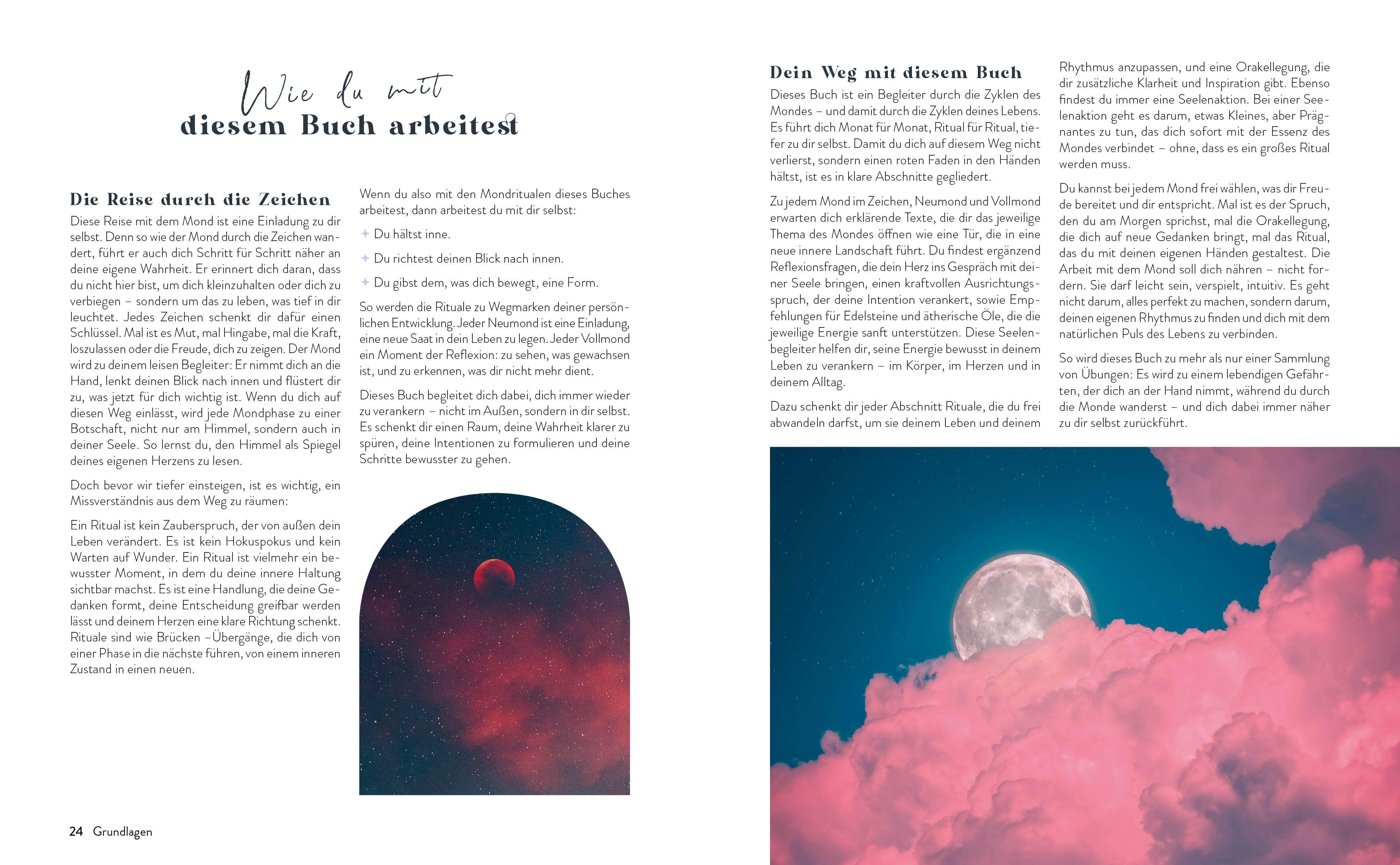 Beispielinhalt (Bild) Mond-Rituale - Aktiviere die Energie der Tierkreiszeichen | Dein Jahresbegleiter mit Orakellegungen, Yoga-Übungen & Mantras für deine Meditationspraxis