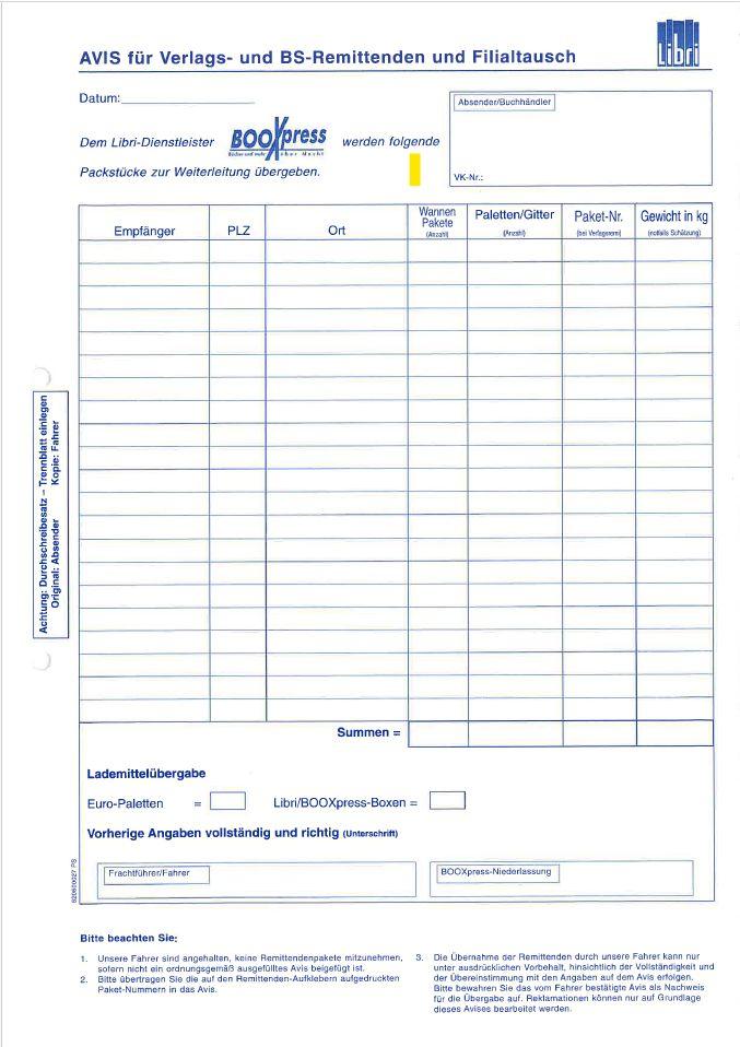 Vorderes Coverbild AVIS für Verlags- und BS-Remittenden und Filialtausch