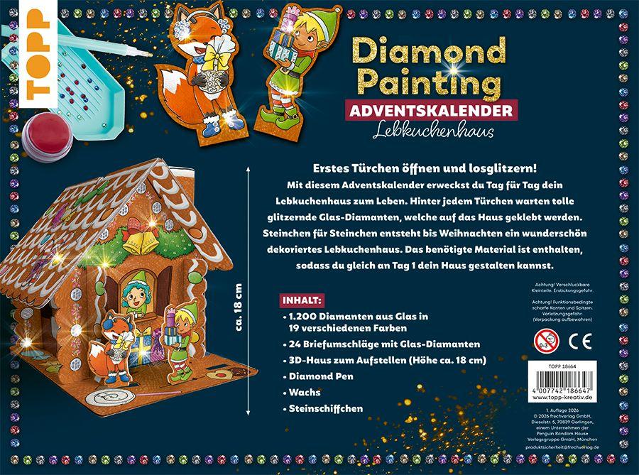 Beispielinhalt (Bild) Diamond Painting Adventskalender Lebkuchenhaus. Mit Material und Werkzeug