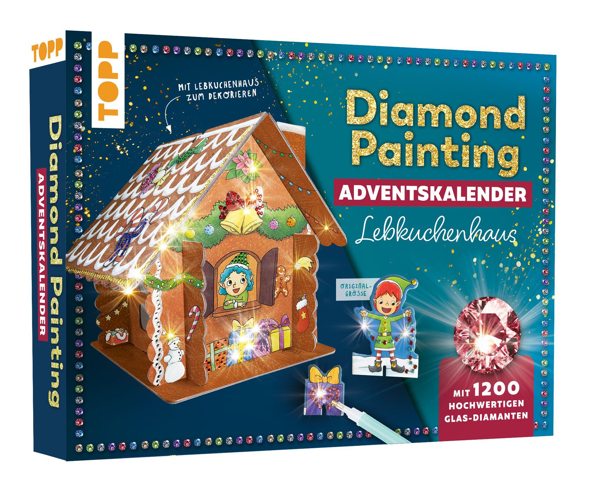 Vorderes Coverbild Diamond Painting Adventskalender Lebkuchenhaus. Mit Material und Werkzeug