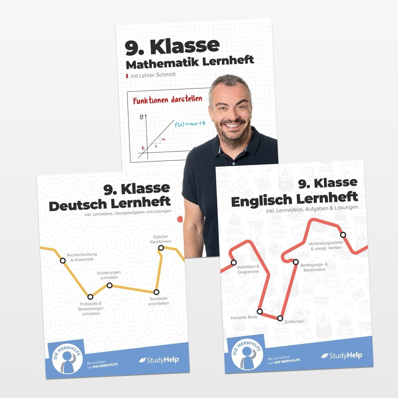 Vorderes Coverbild 9. Klasse Hauptfächer Set komplett (Mathe, Deutsch, Englisch) / Lernheft, Übungsheft / Rechnen, Rechtschreibung, Übungen, Grammatik
