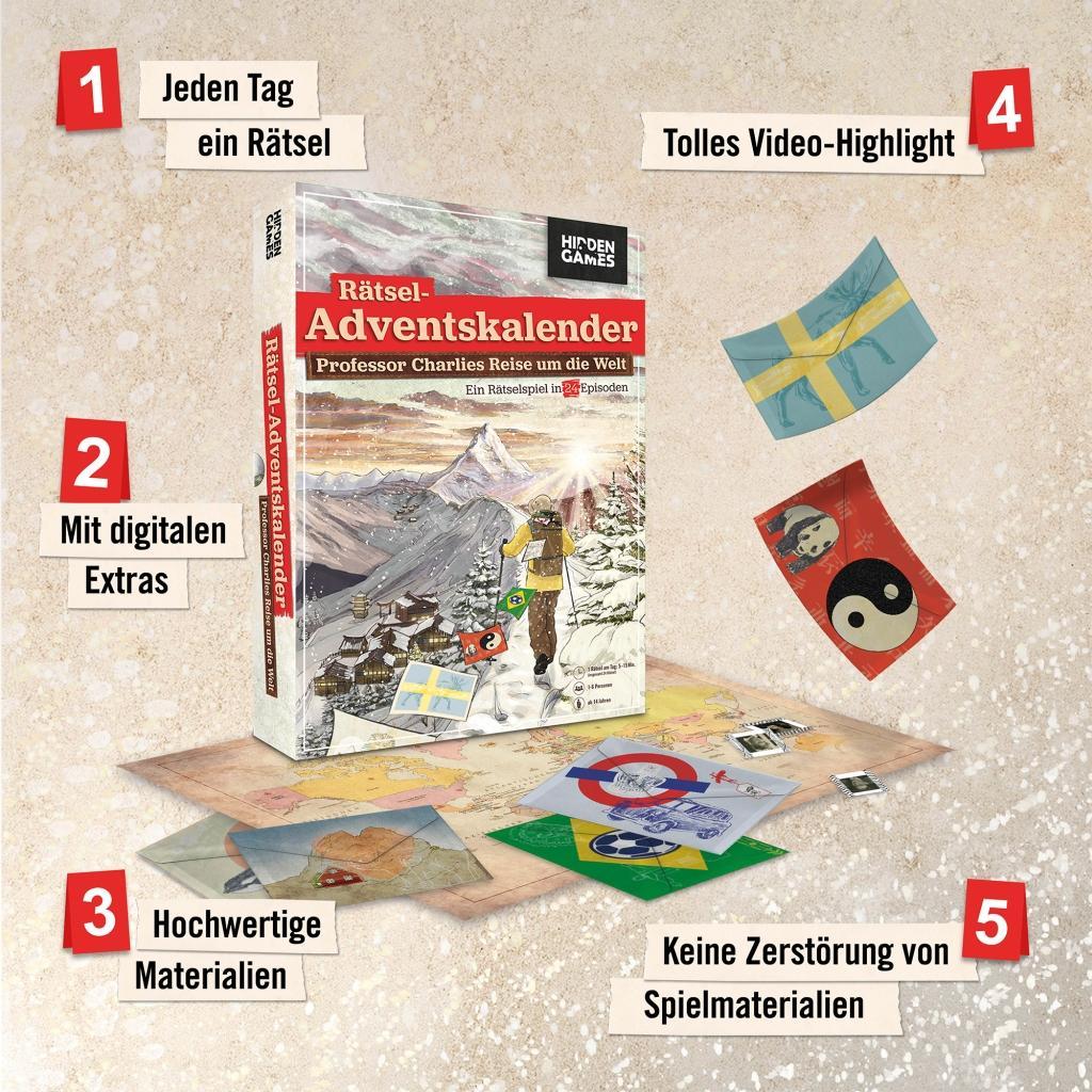 Beispielinhalt (Bild) Hidden Games: Rätsel Adventskalender Professor Charlies Reise um die Welt