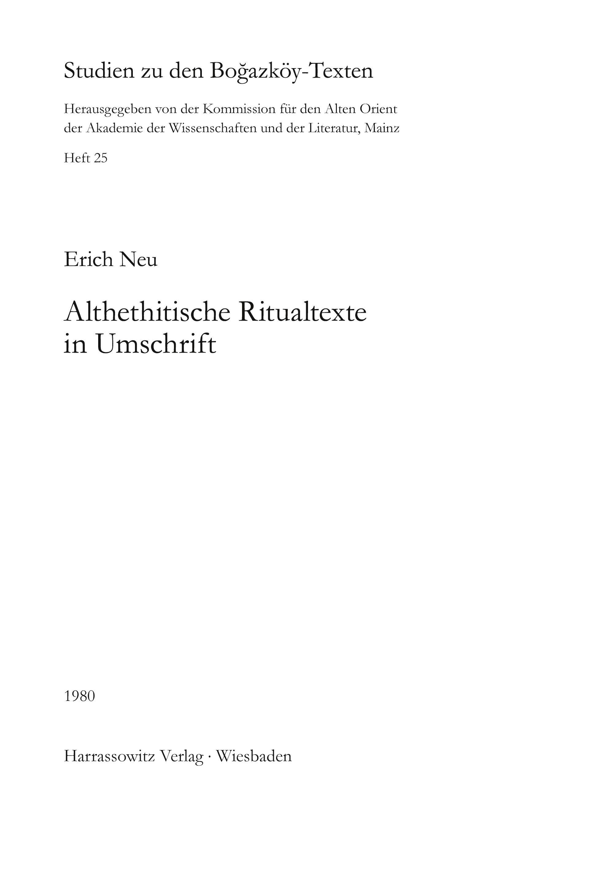 Vorderes Coverbild Althethitische Ritualtexte in Umschrift