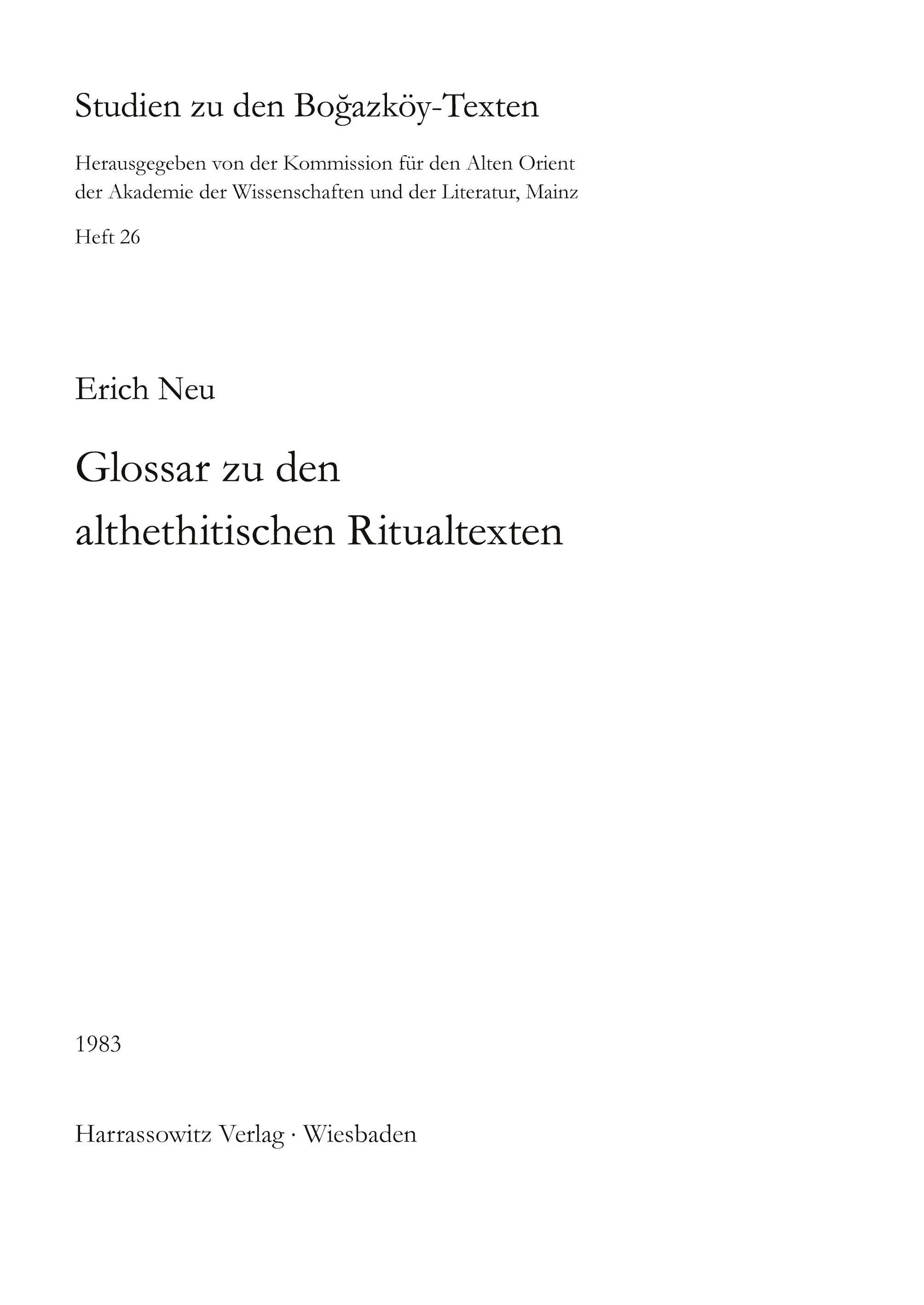 Vorderes Coverbild Glossar zu den althethitischen Ritualtexten
