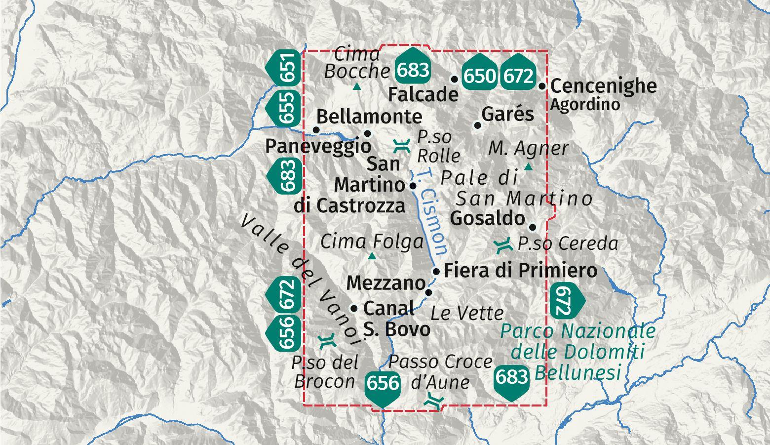 Beispielinhalt (Bild) KOMPASS Wanderkarte 653 Pale di San Martino, Primiero San Martino di Castrozza, Paneveggio, Valle del Vanoi 1:25.000