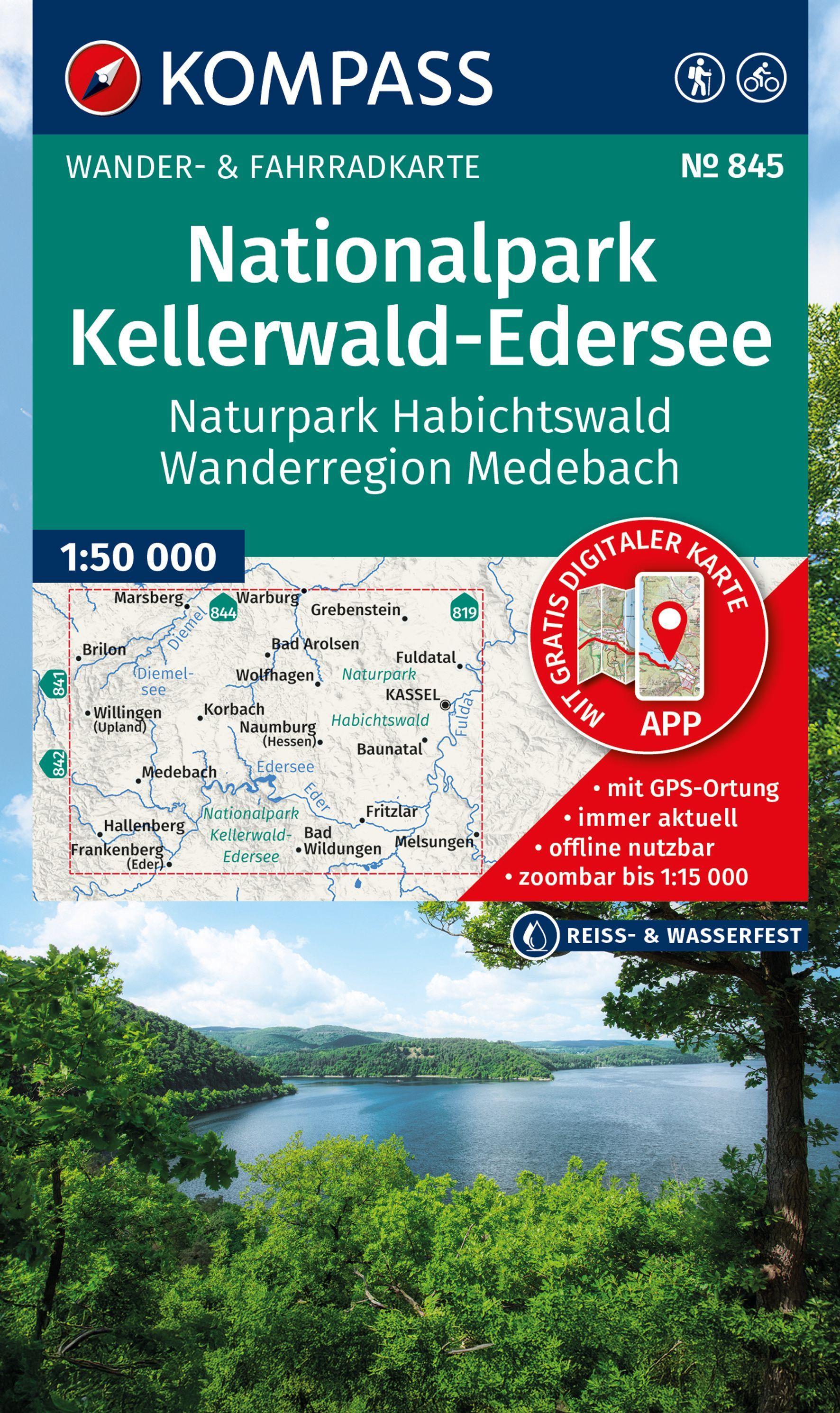 Vorderes Coverbild KOMPASS Wanderkarte 845 Nationalpark Kellerwald-Edersee, Naturpark Habichtswald, Wanderregion Medebach 1:50.000