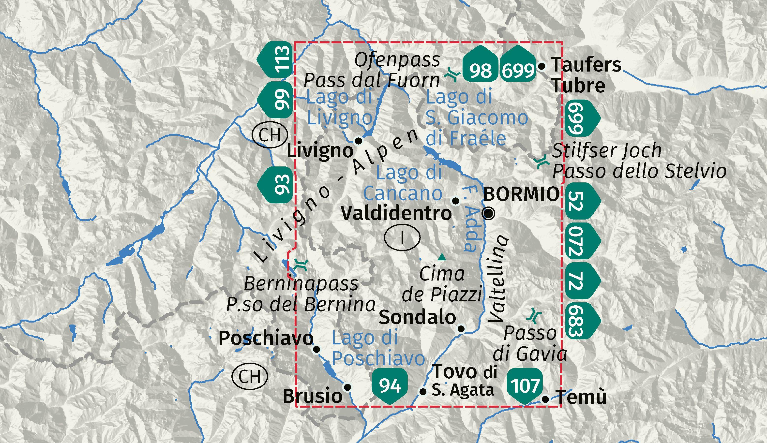 Beispielinhalt (Bild) KOMPASS Wanderkarte 96 Bormio, Livigno, Alta Valtellina 1:50.000