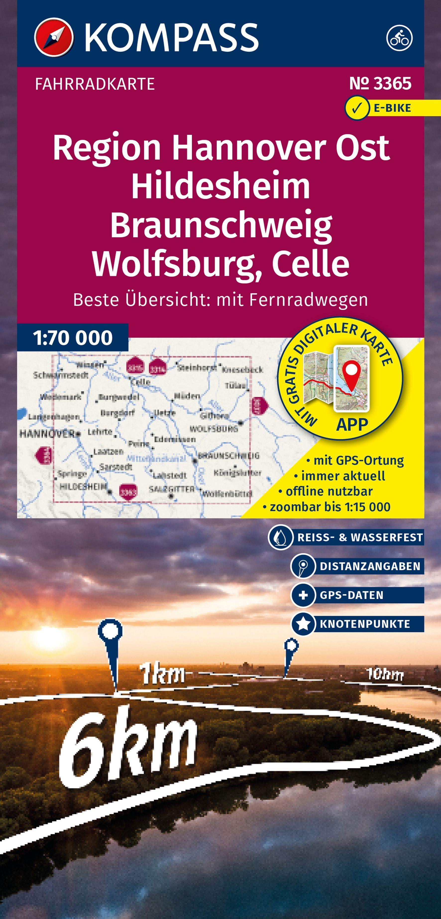 Vorderes Coverbild KOMPASS Fahrradkarte 3365 Region Hannover Ost, Hildesheim, Braunschweig, Wolfsburg, Celle, mit Knotenpunkten 1:70.000