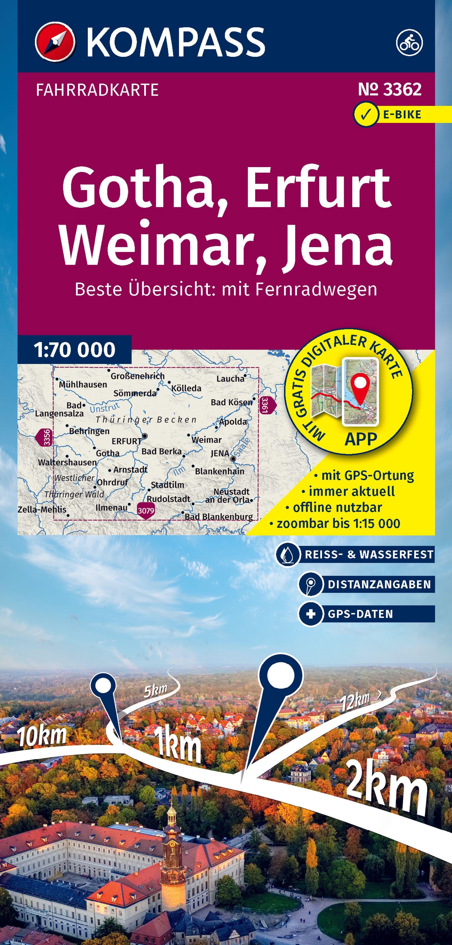 Vorderes Coverbild KOMPASS Fahrradkarte 3362 Gotha, Erfurt, Weimar, Jena 1:70.000