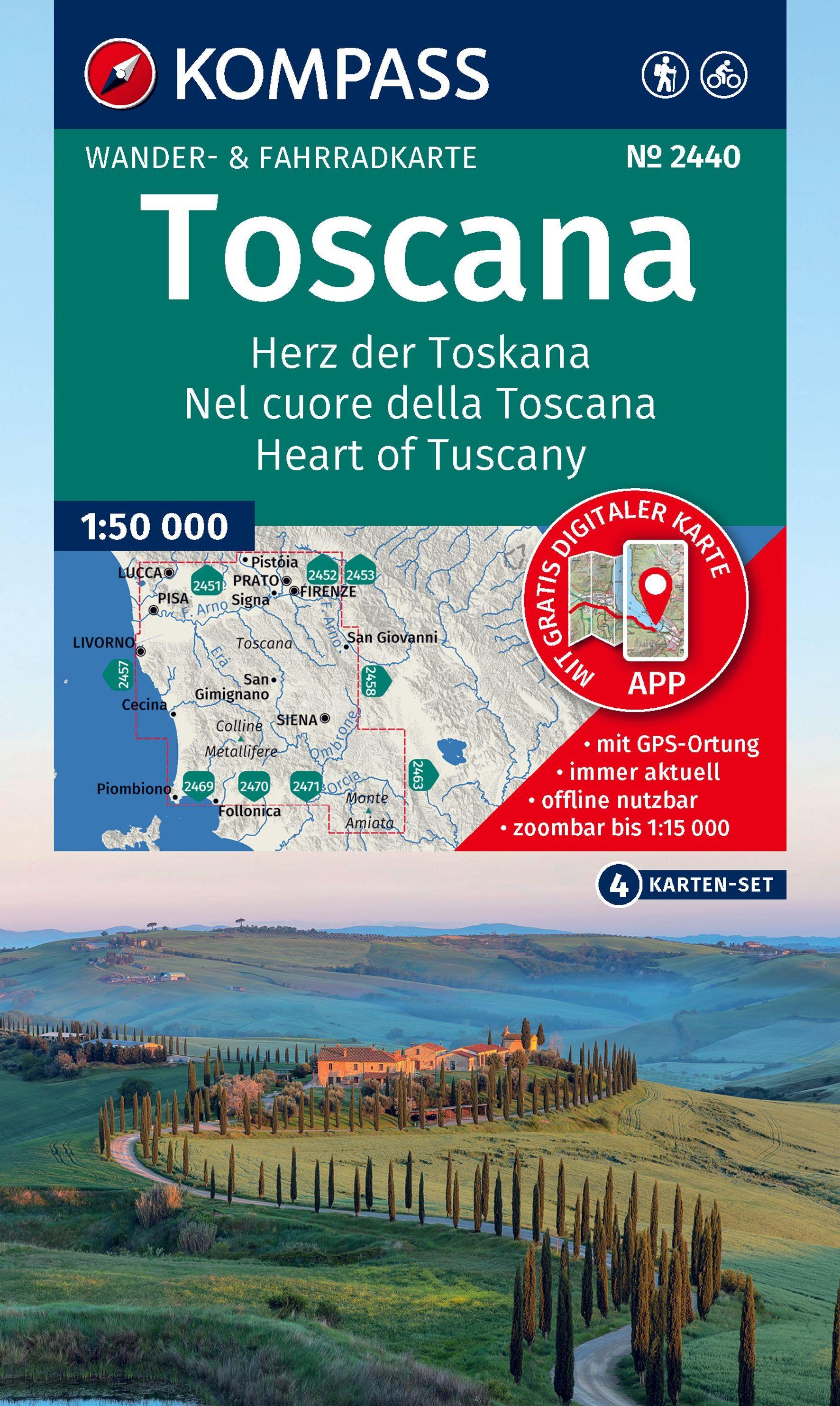 Vorderes Coverbild KOMPASS Wanderkarten-Set 2440 Toscana, Herz der Toskana, Nel cuore della Toscana, Heart of Tuscany (4 Karten) 1:50.000