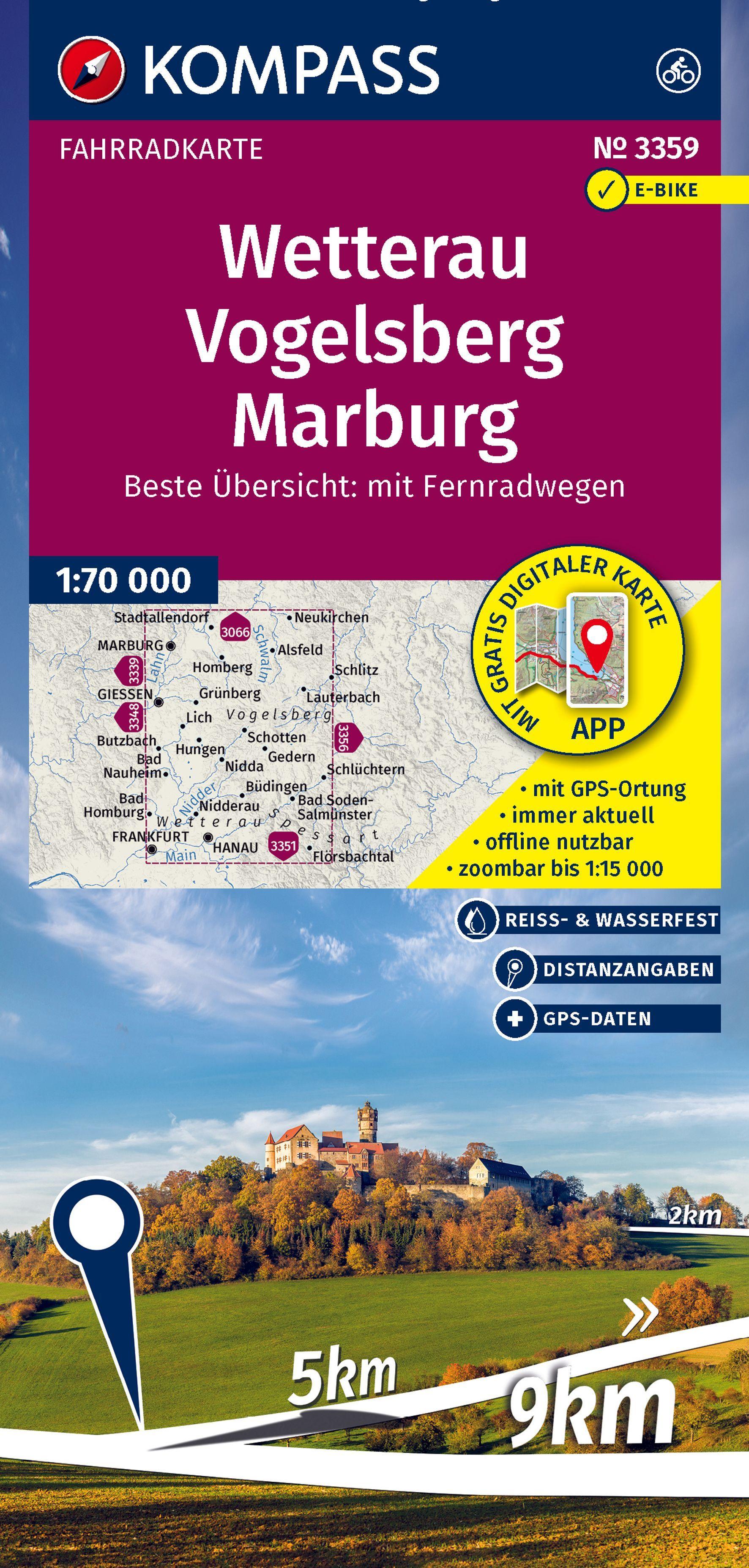 Vorderes Coverbild KOMPASS Fahrradkarte 3359 Wetterau, Vogelsberg, Marburg 1:70.000