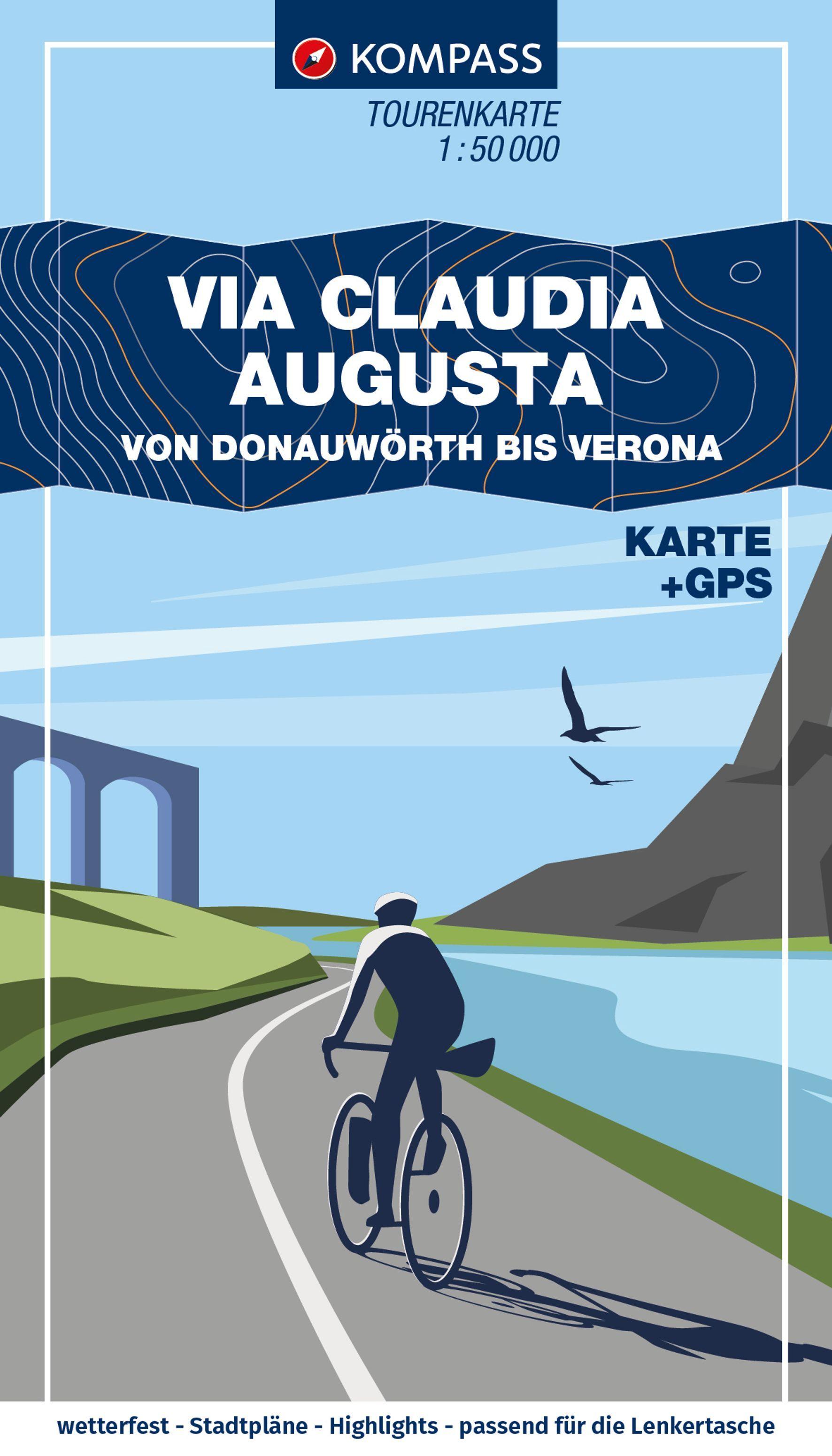 Vorderes Coverbild KOMPASS Fahrrad-Tourenkarte Via Claudia Augusta - von Donauwörth bis Verona 1:50.000