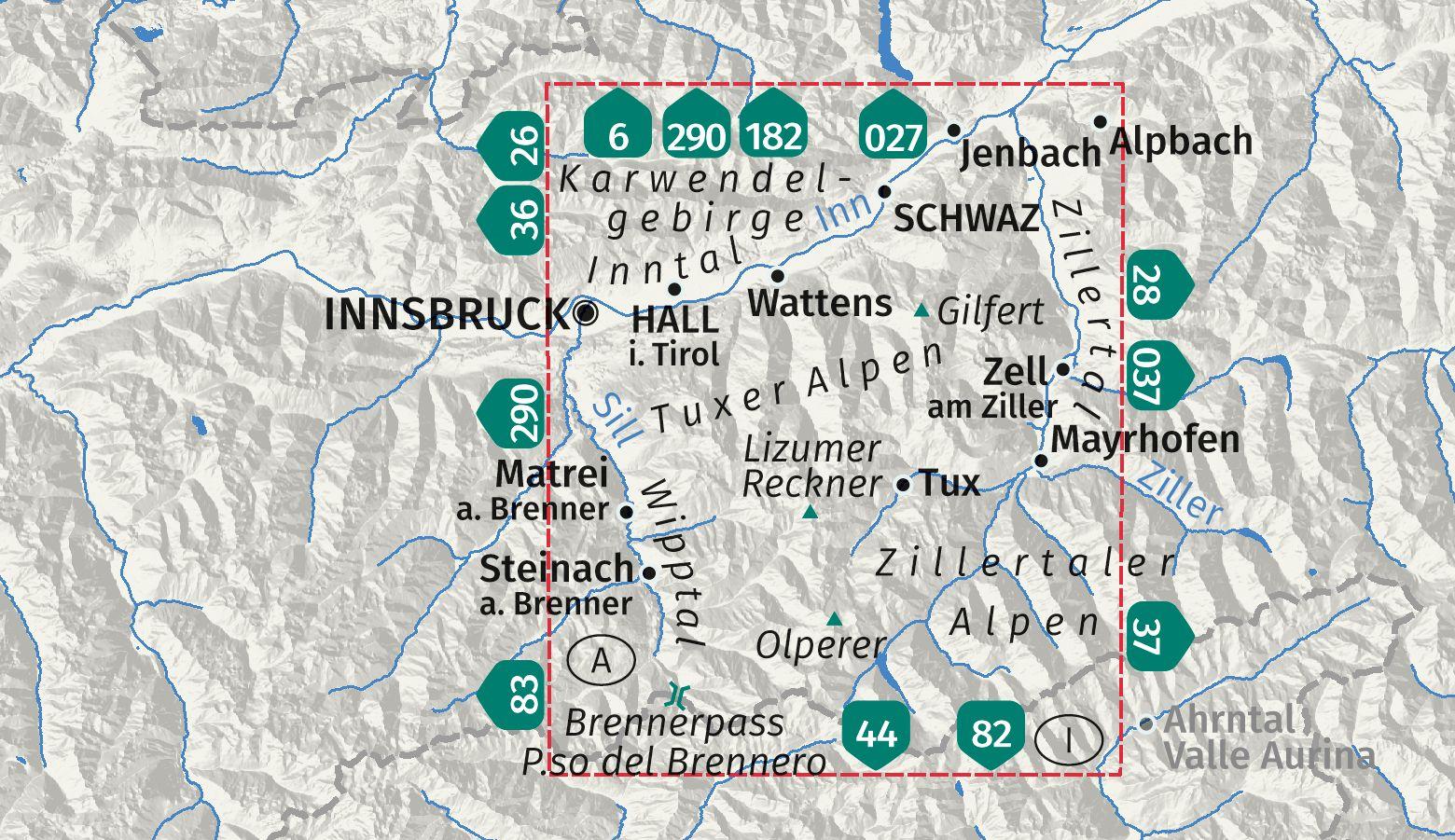 Beispielinhalt (Bild) KOMPASS Wanderkarte 34 Tuxer Alpen, Inntal, Wipptal, Zillertal 1:50.000