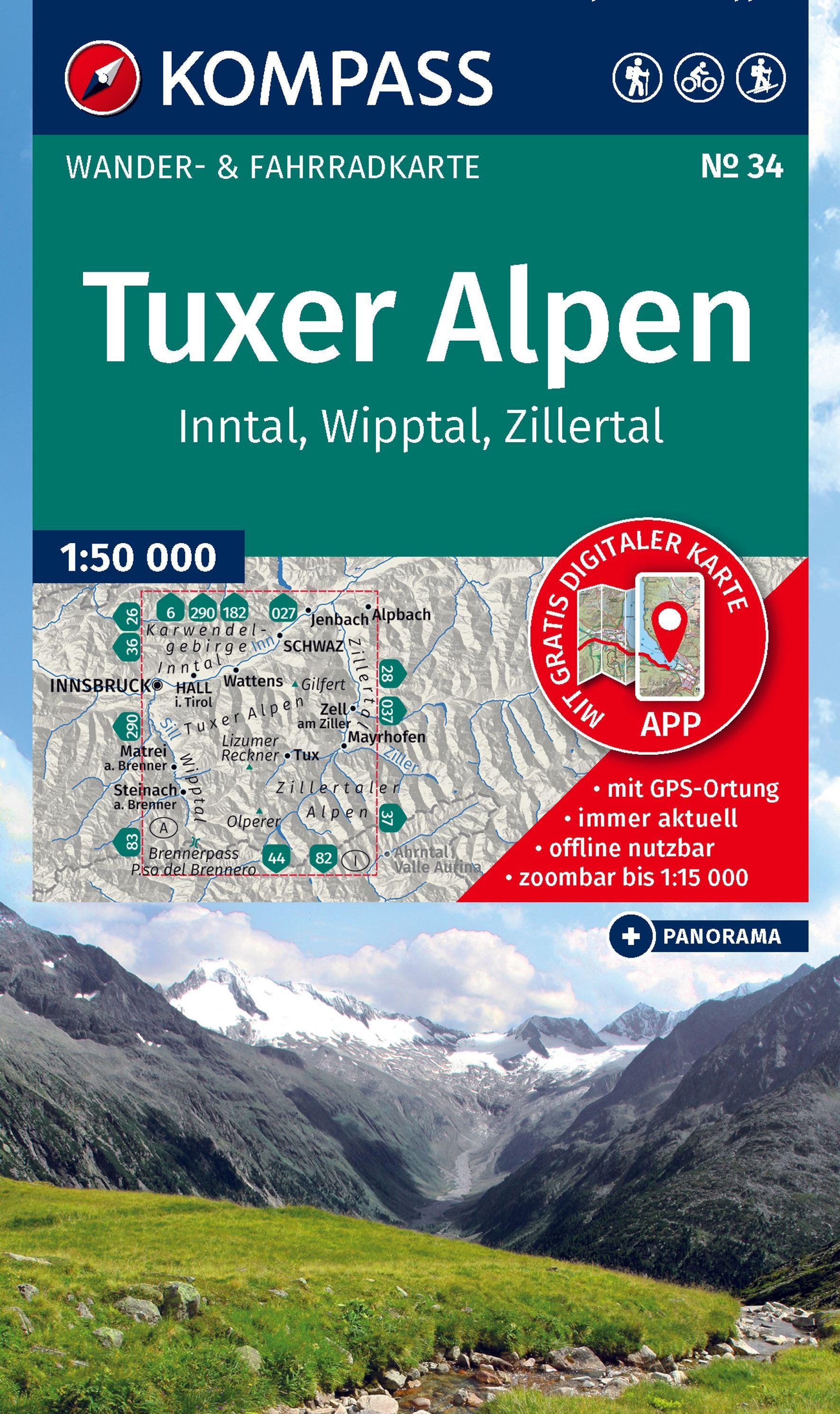 Vorderes Coverbild KOMPASS Wanderkarte 34 Tuxer Alpen, Inntal, Wipptal, Zillertal 1:50.000