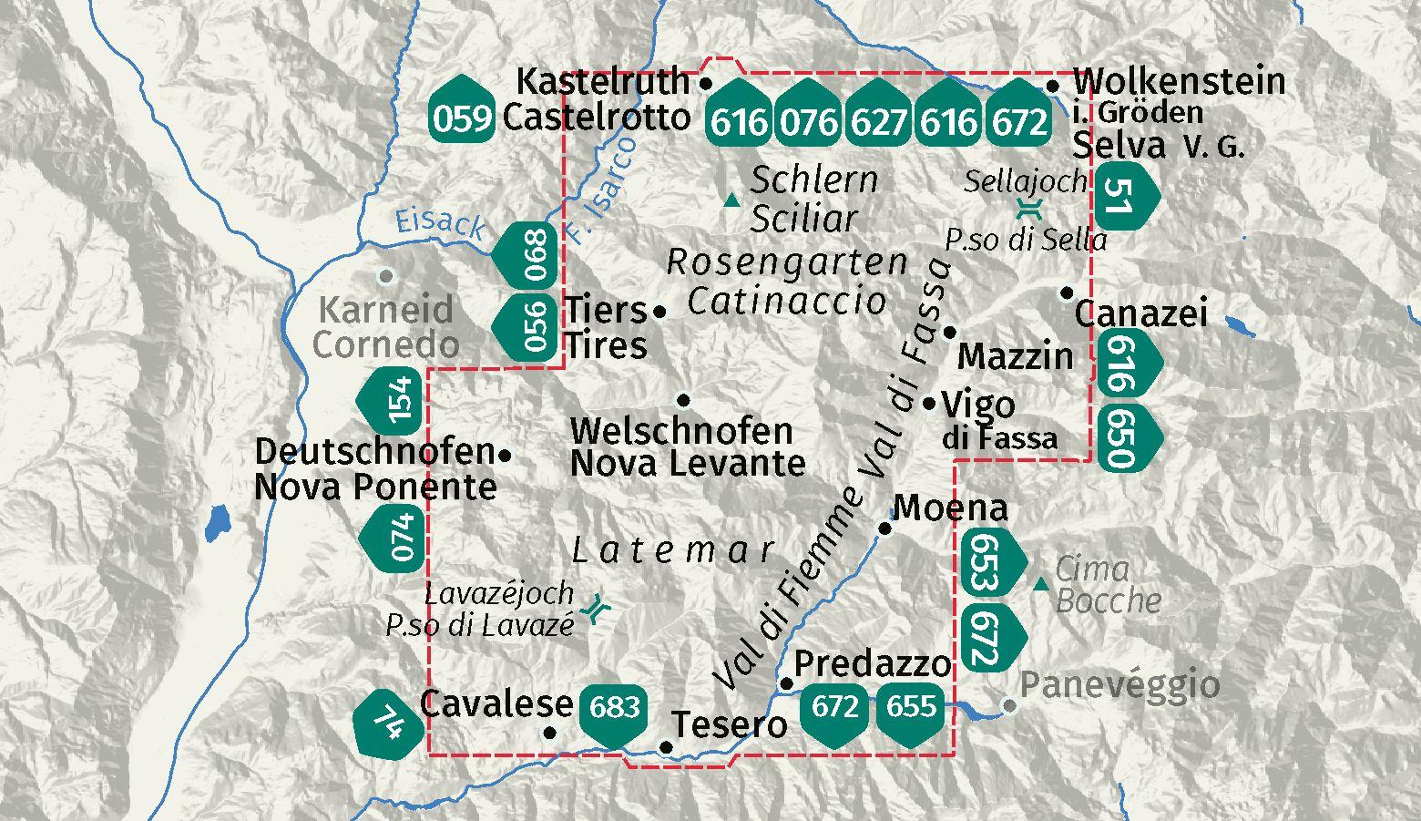 Beispielinhalt (Bild) KOMPASS Wanderkarte 651 Schlern, Rosengarten, Latemar, Lavazéjoch / Sciliar, Catinaccio, Latemar, P.so di Lavazé 1:25.000