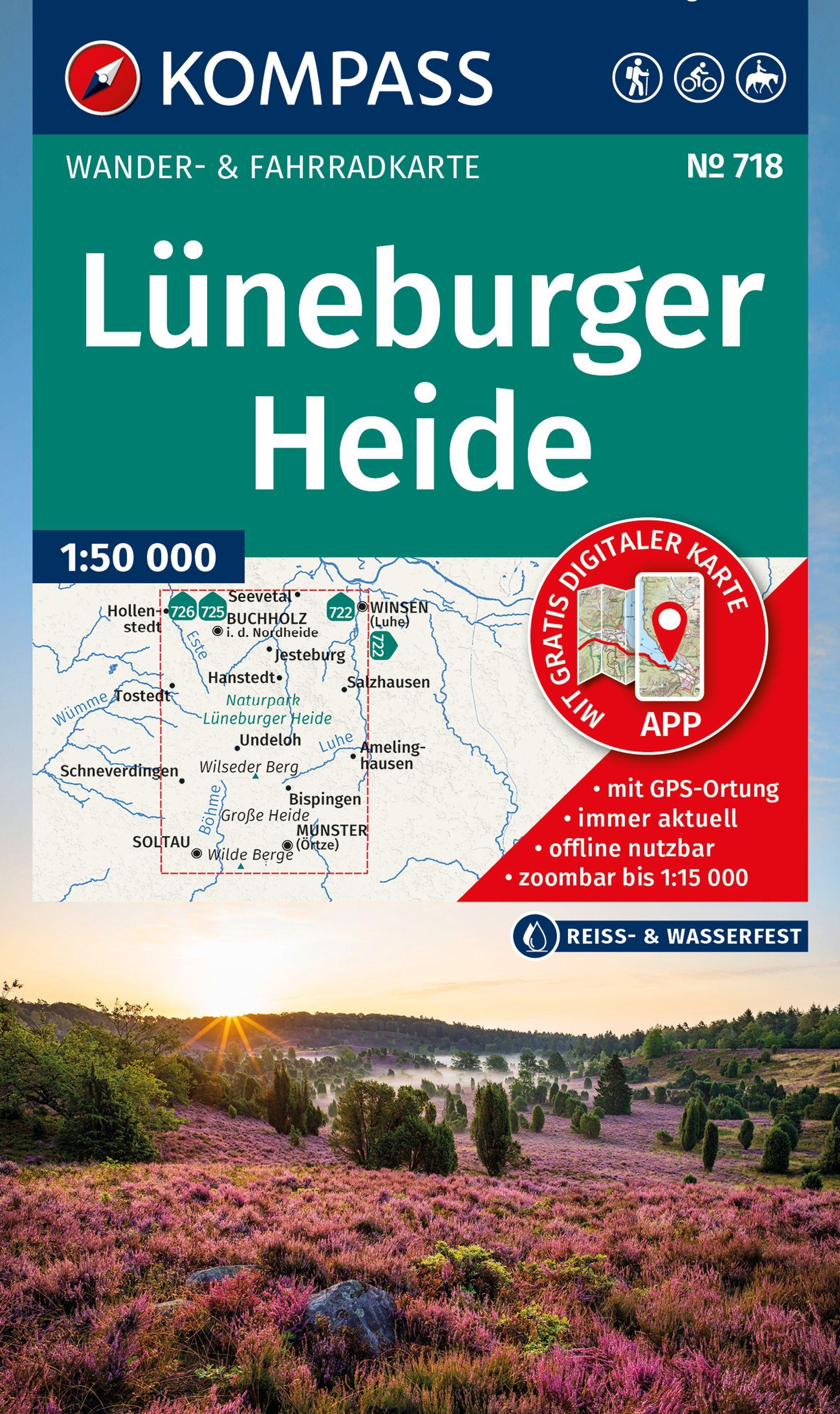 Vorderes Coverbild KOMPASS Wanderkarte 718 Lüneburger Heide 1:50.000
